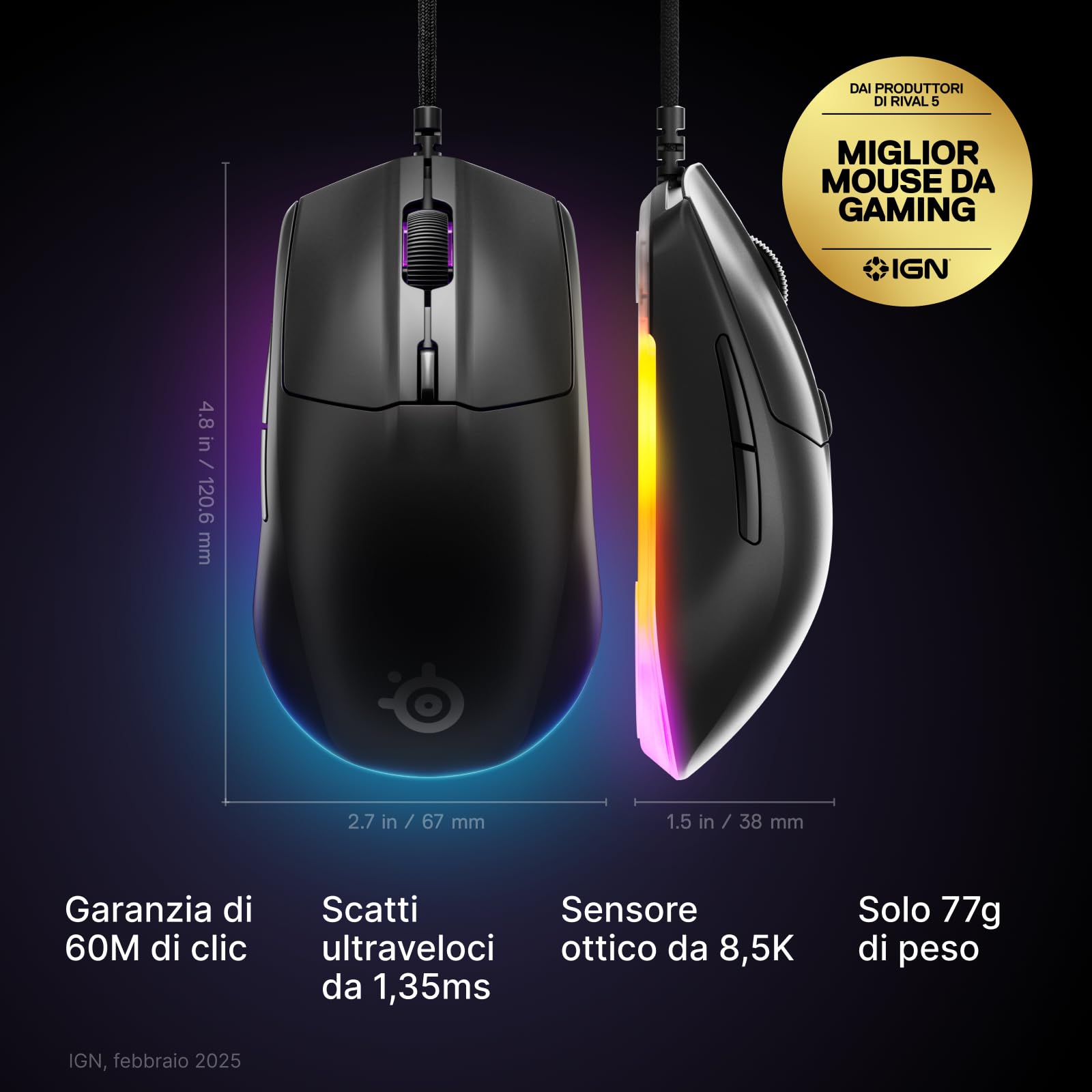 SteelSeries Rival 3 Gen 2 mouse cablato Nero 8500 DPI RGB