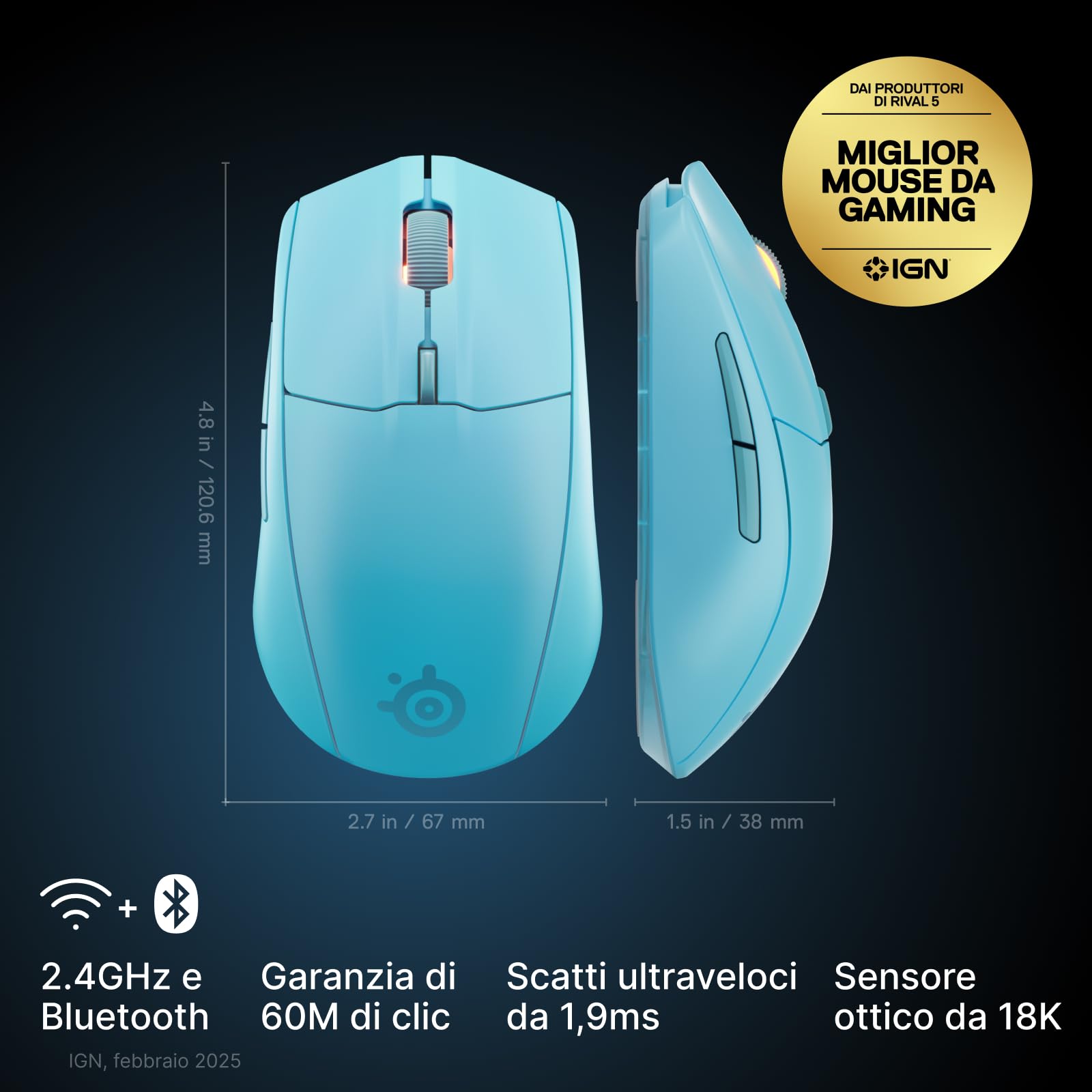SteelSeries Rival 3 Wireless Gen 2 mouse gaming Aqua 18000 DPI