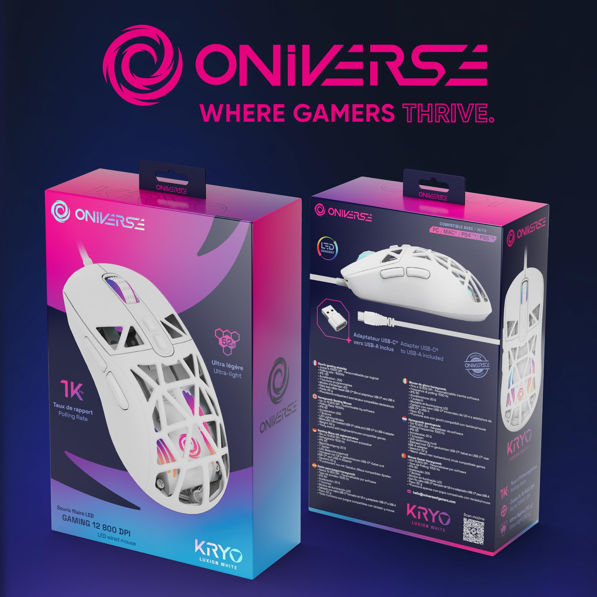 Oniverse Kryo Mouse Gaming Cablato 12800 DPI 52 g