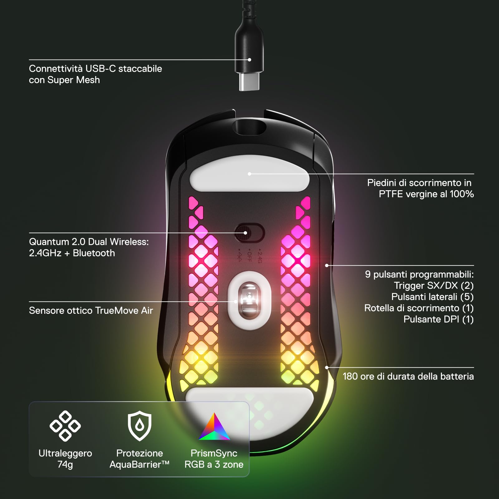 SteelSeries Aerox 5 Wireless mouse gaming 74g IP54 senza fili