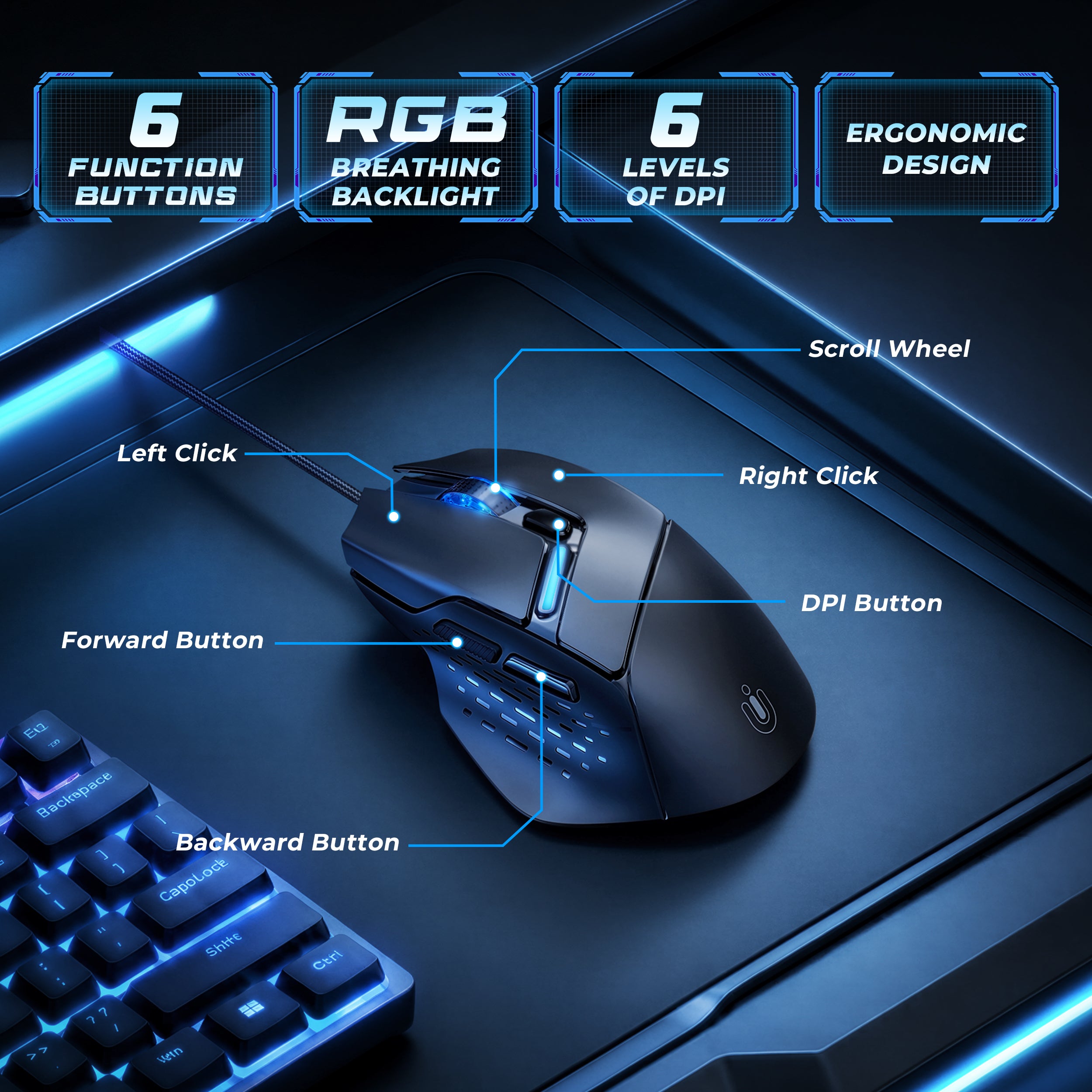 Uineer U7W Mouse Cablato USB Nero 7200DPI 6 Tasti