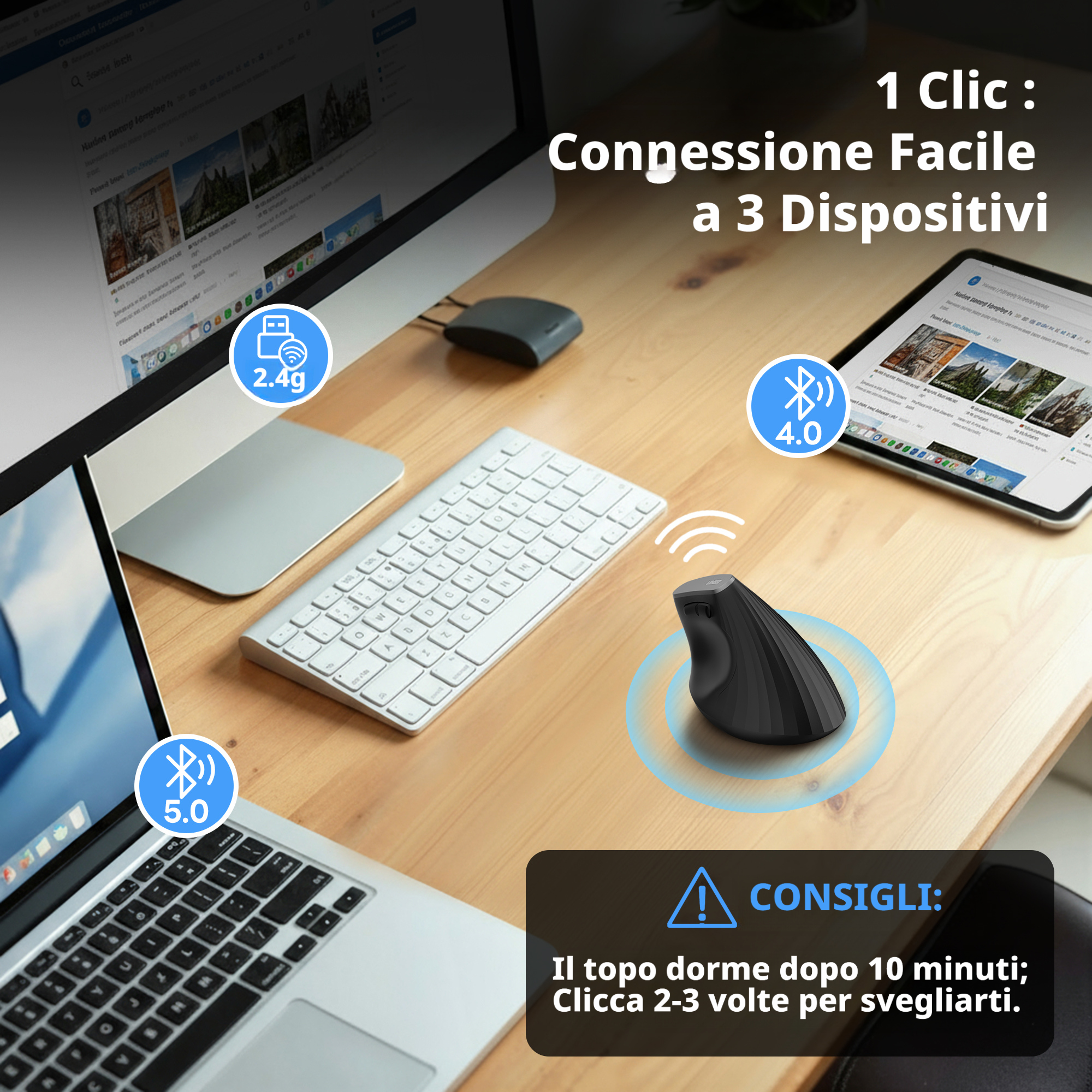 Uineer Tri-Mode Mouse Verticale bluetooth nero ergonomico silenzioso