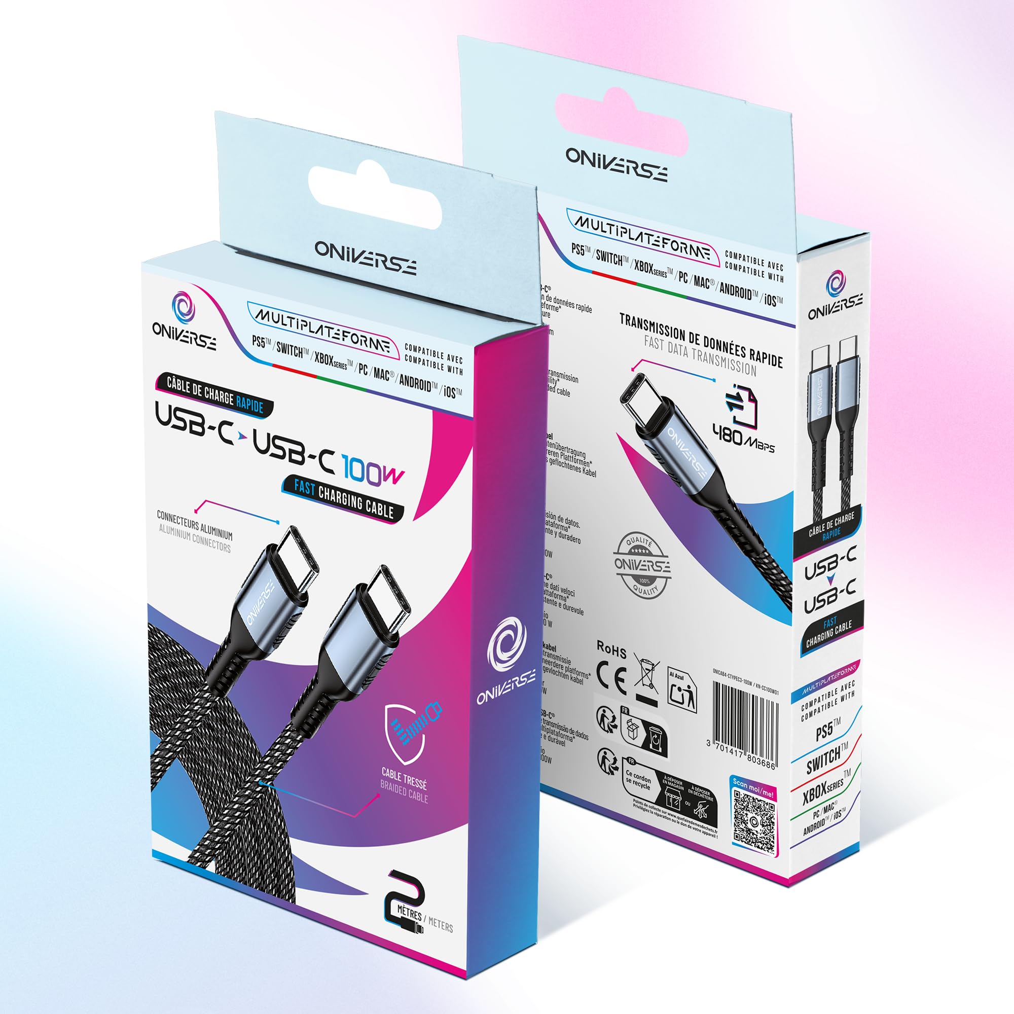Oniverse cavo USB-C 100W intrecciato 2 metri ricarica rapida