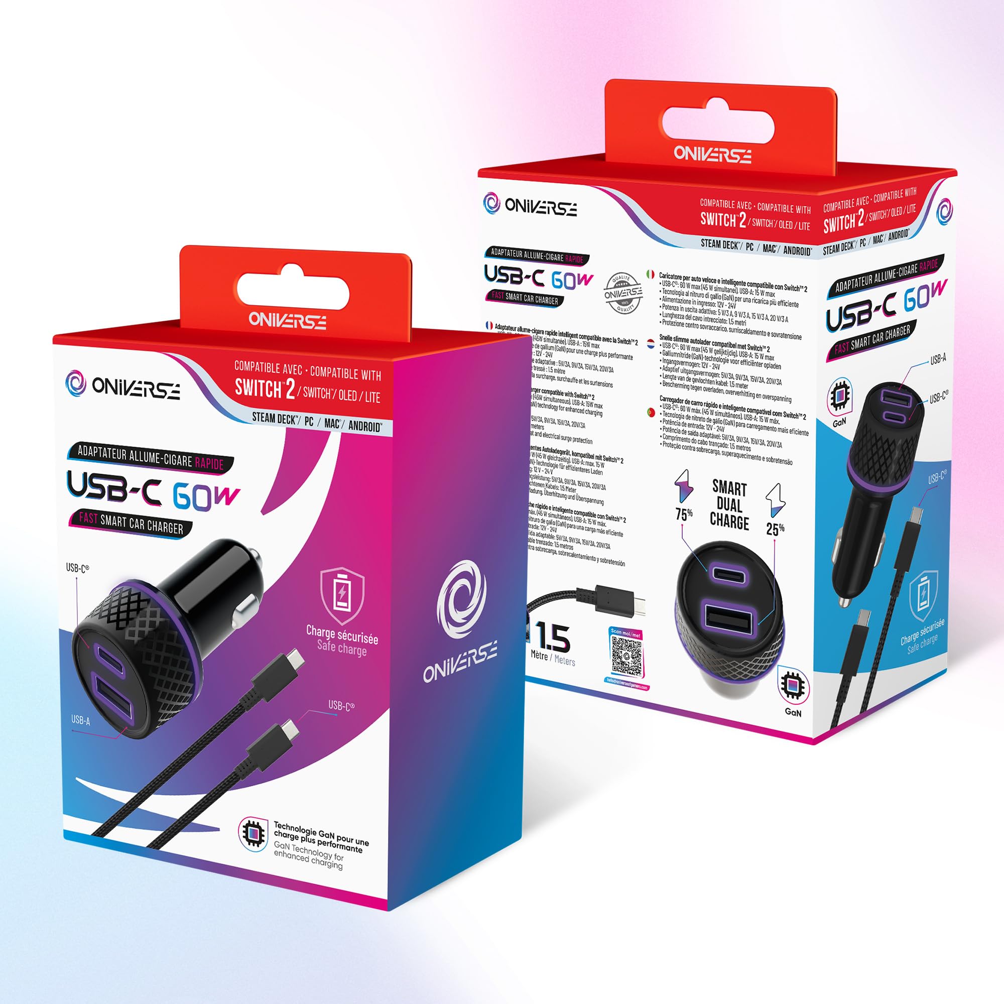 Oniverse Adattatore Accendisigari 60W caricatore auto USB-C USB-A cavo