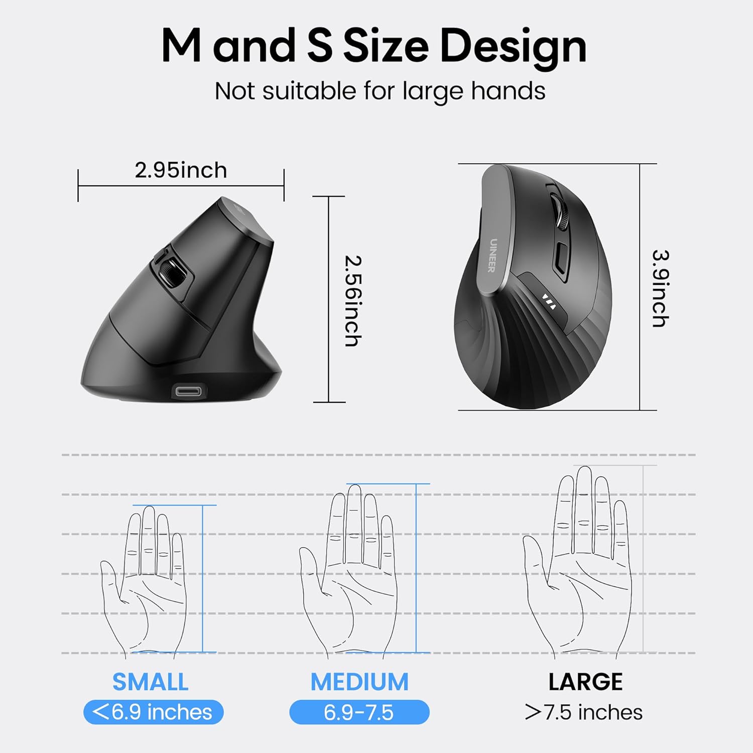 Uineer 2.4G Mouse Verticale Wireless Nero Ricaricabile