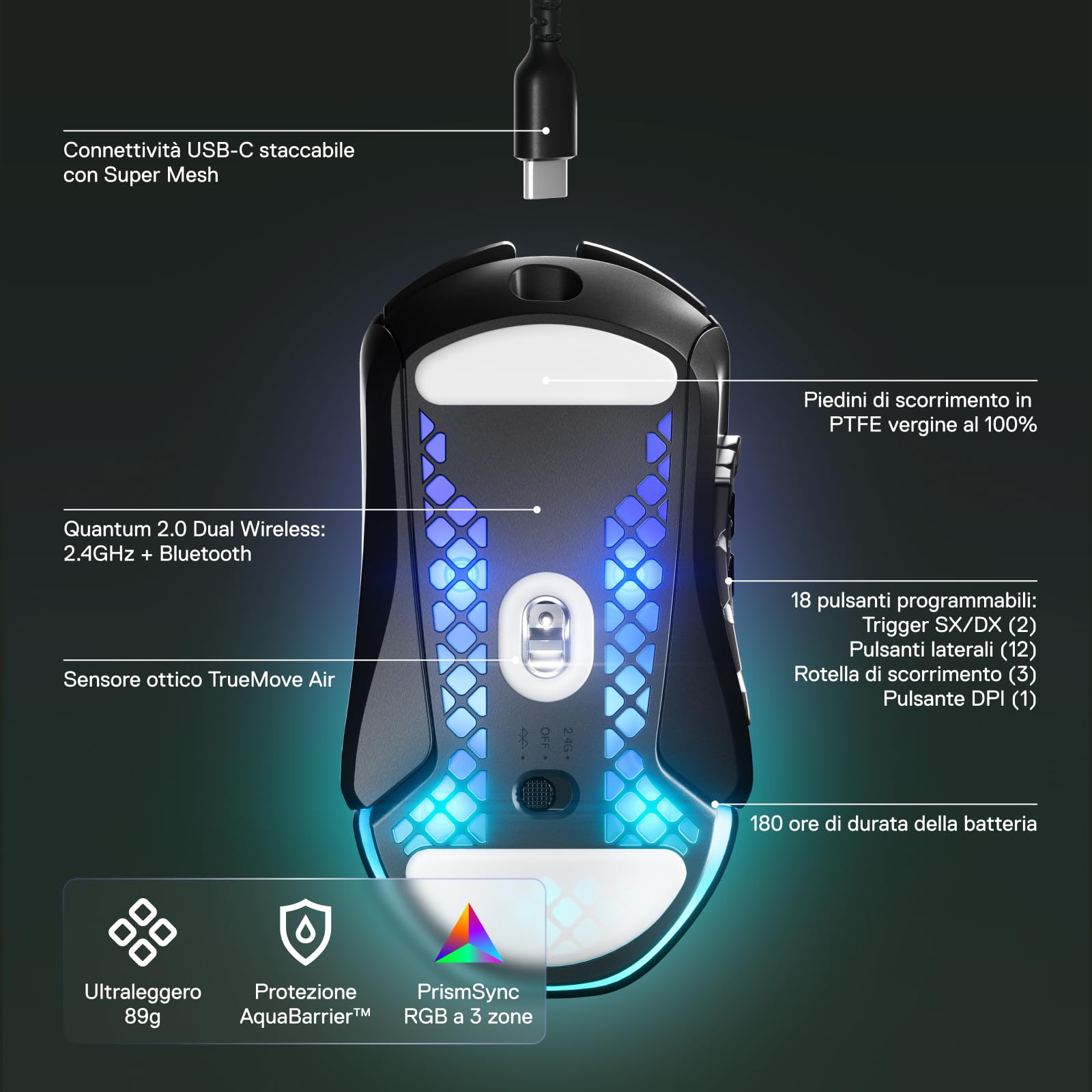 SteelSeries Aerox 9 Mouse Wireless RGB 18 Pulsanti 18K DPI