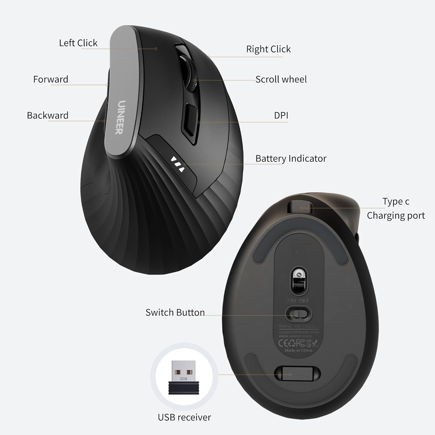 Uineer 2.4G Mouse Verticale Wireless Nero Ricaricabile