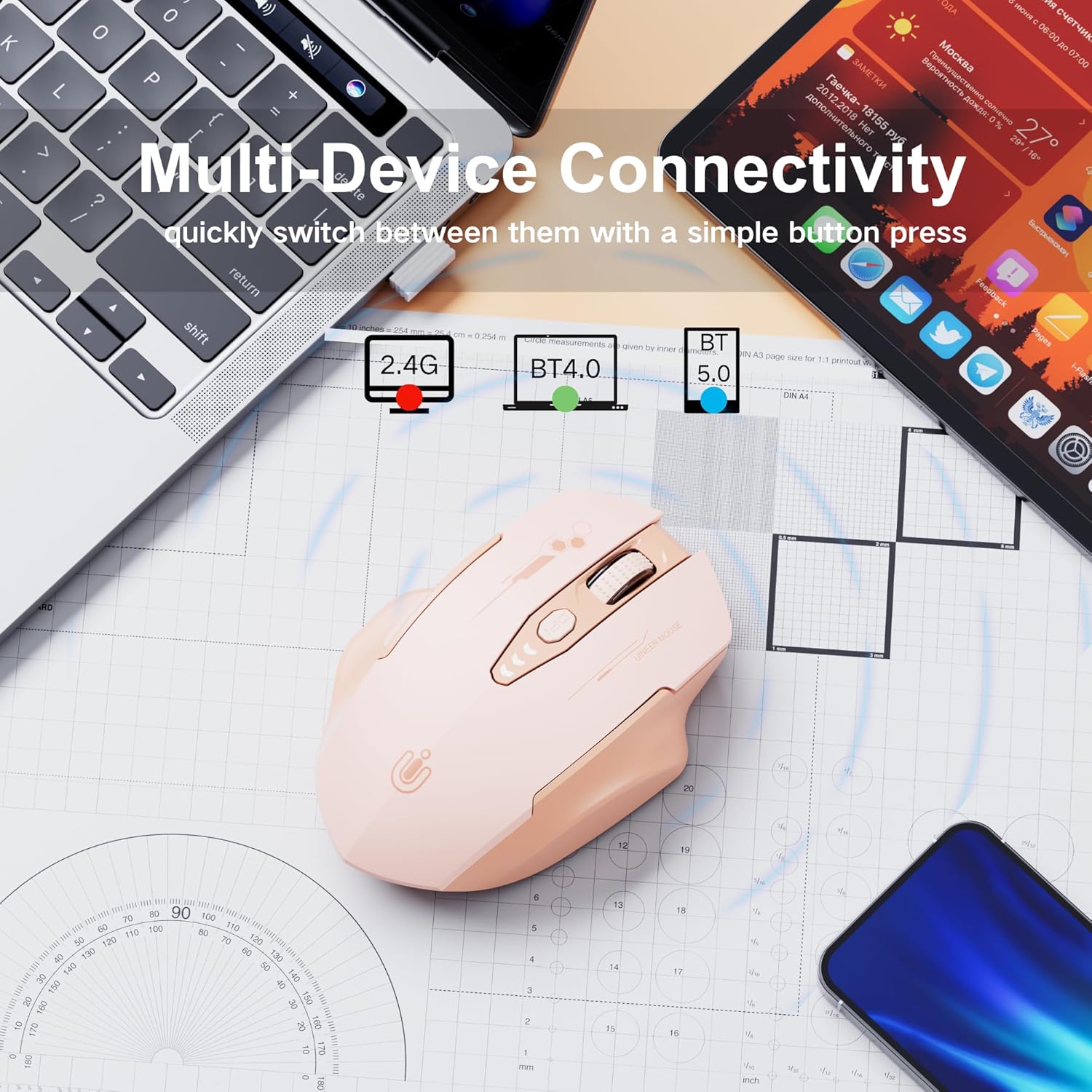 Uineer Tri-Mode Mouse Wireless Sakura Rosa Ergonomico