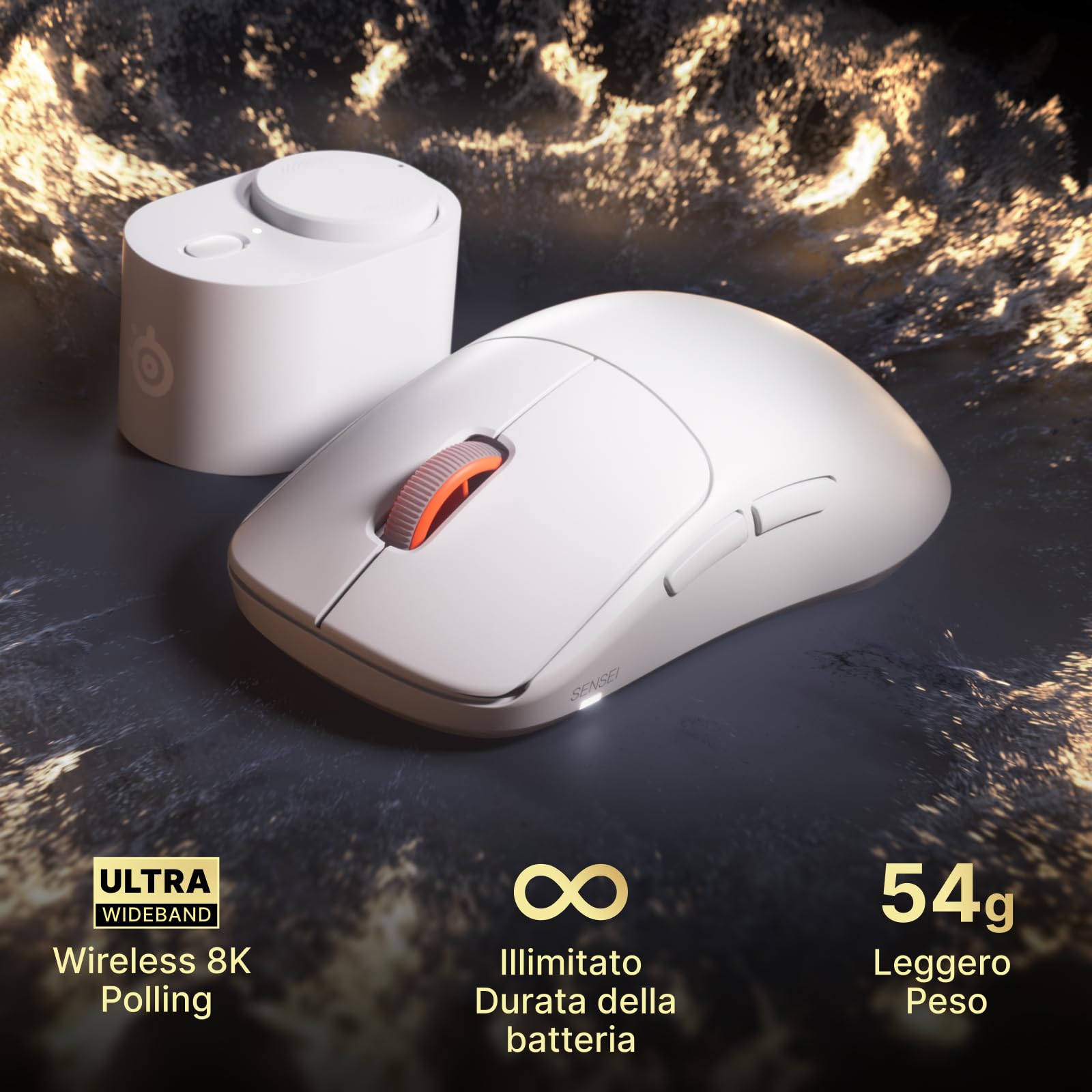 SteelSeries Sensei Pro mouse wireless bianco 8K UWB simmetrico