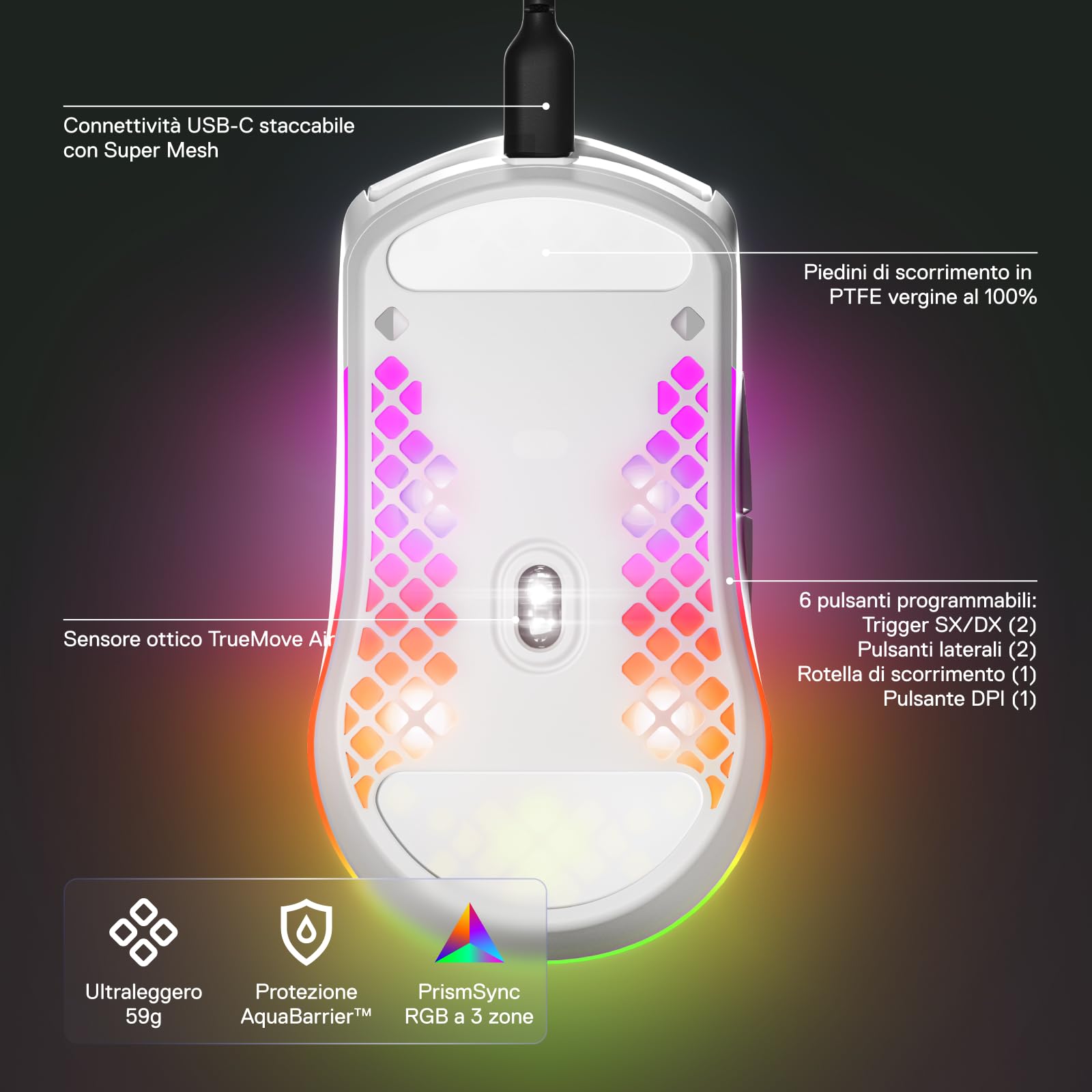 SteelSeries Aerox 3 Mouse Gaming Cablato 59g Snow Bianco