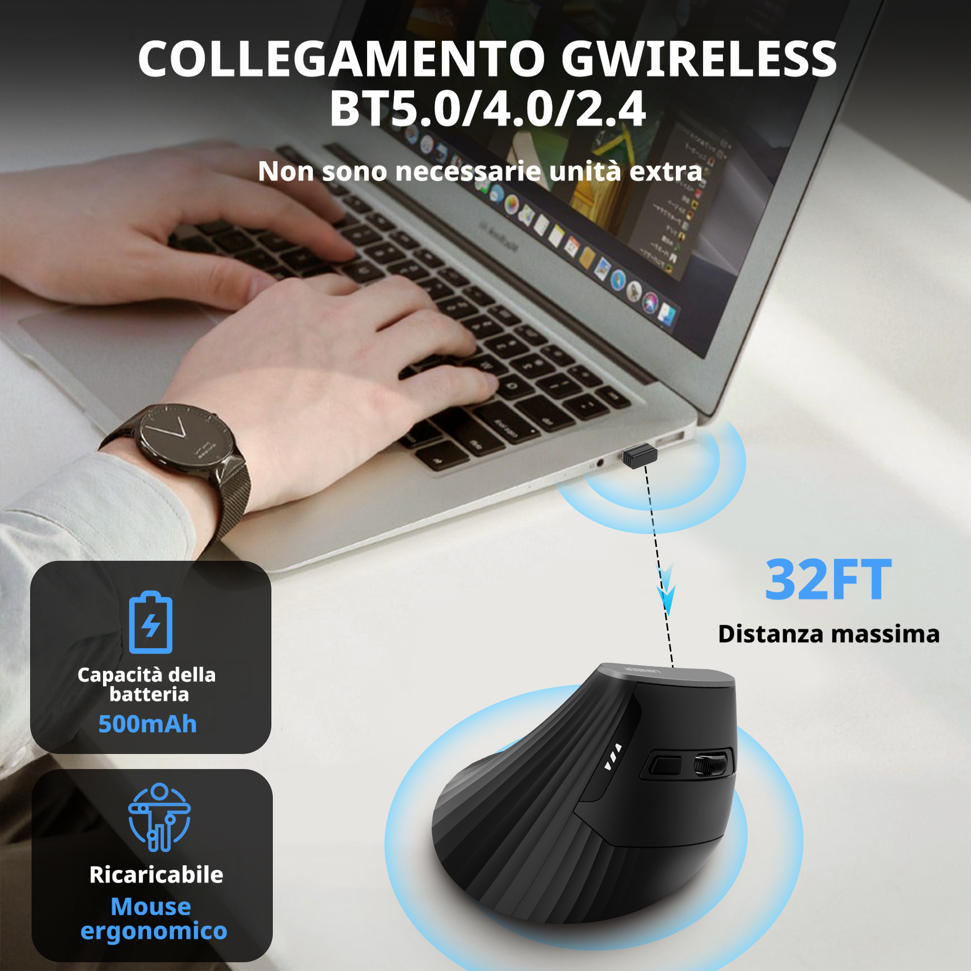 Uineer Tri-Mode Mouse Verticale bluetooth nero ergonomico silenzioso