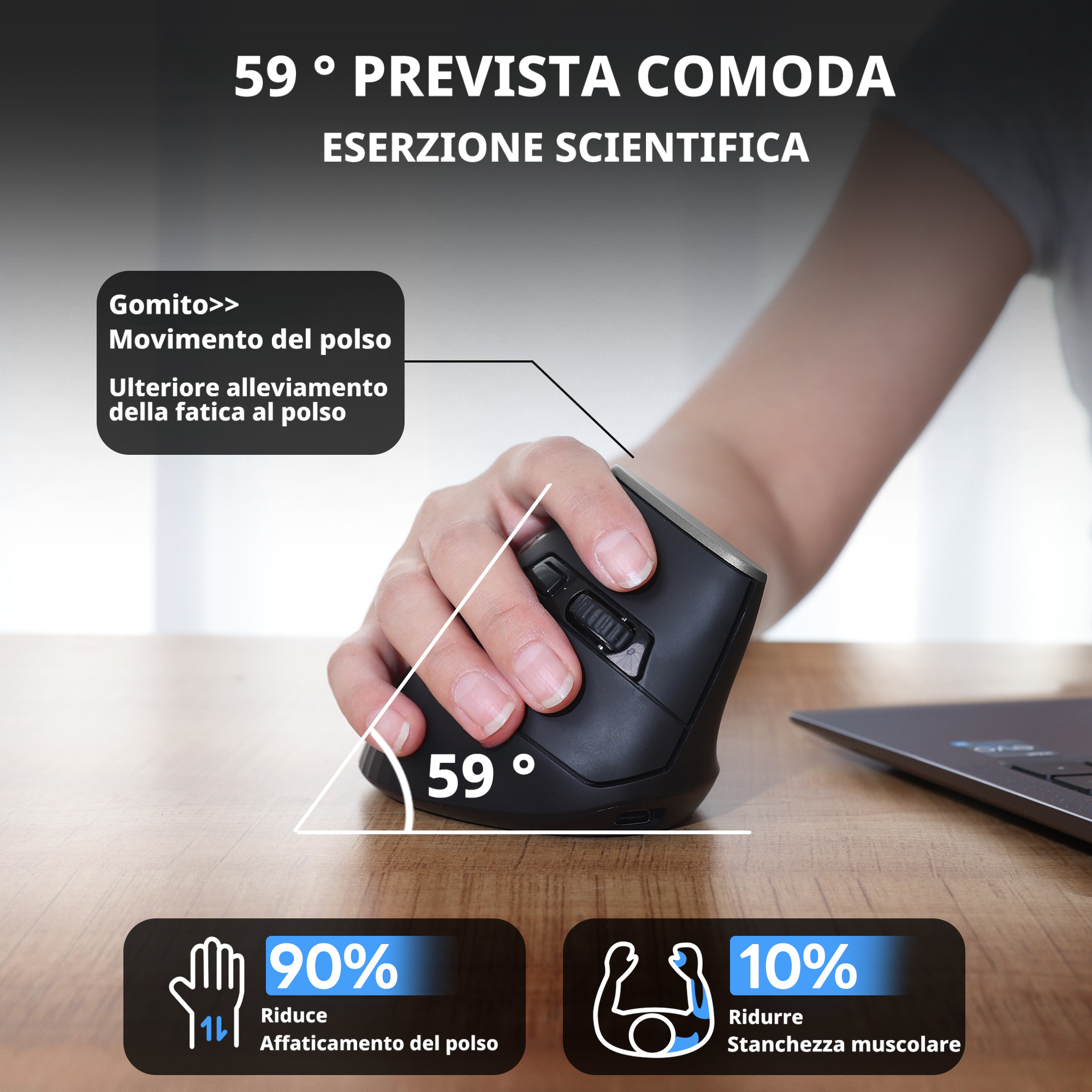 Uineer Tri-Mode Mouse Verticale bluetooth nero ergonomico silenzioso