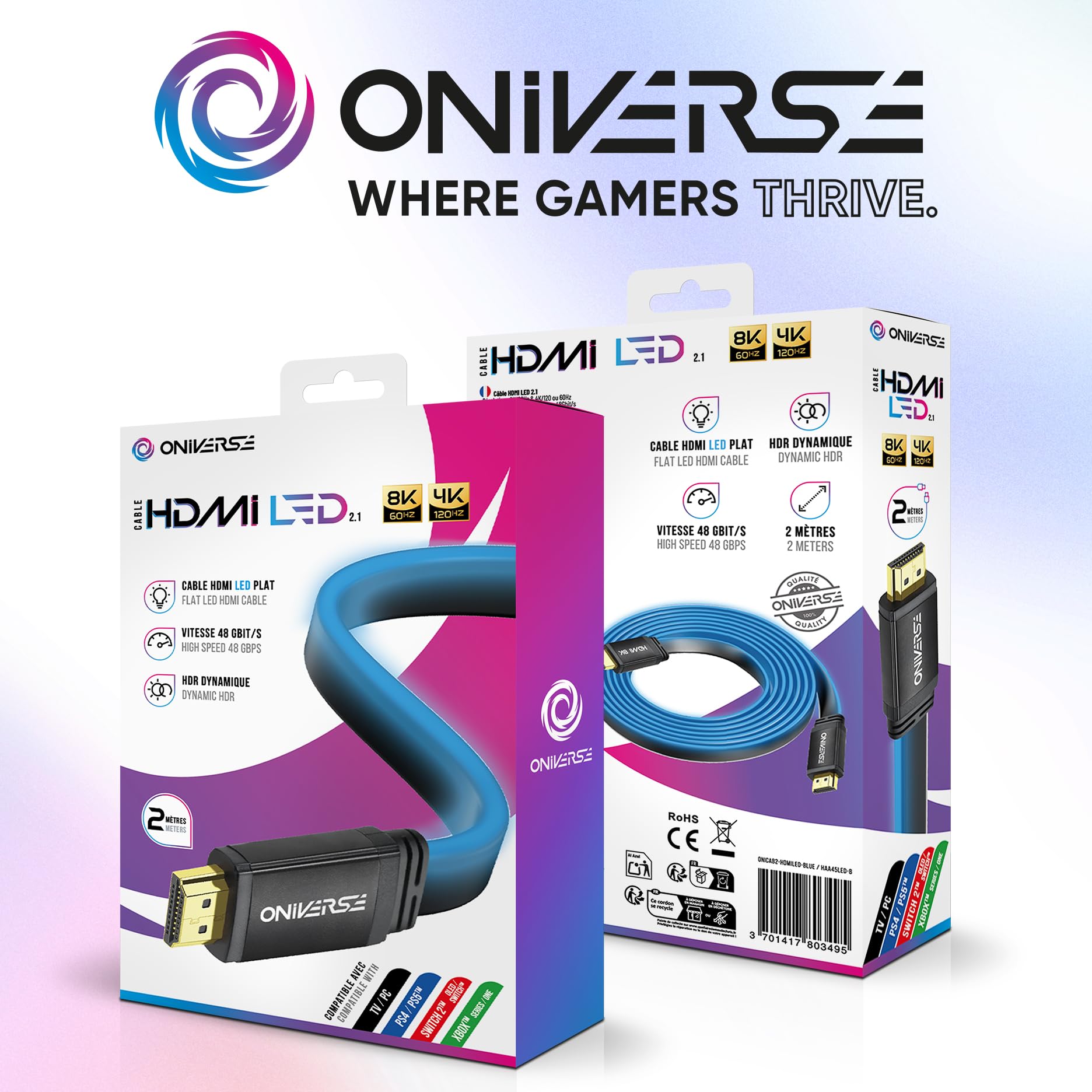 Oniverse Cavo HDMI 2.1 LED 8K 2 m piatto blu 48 Gbps