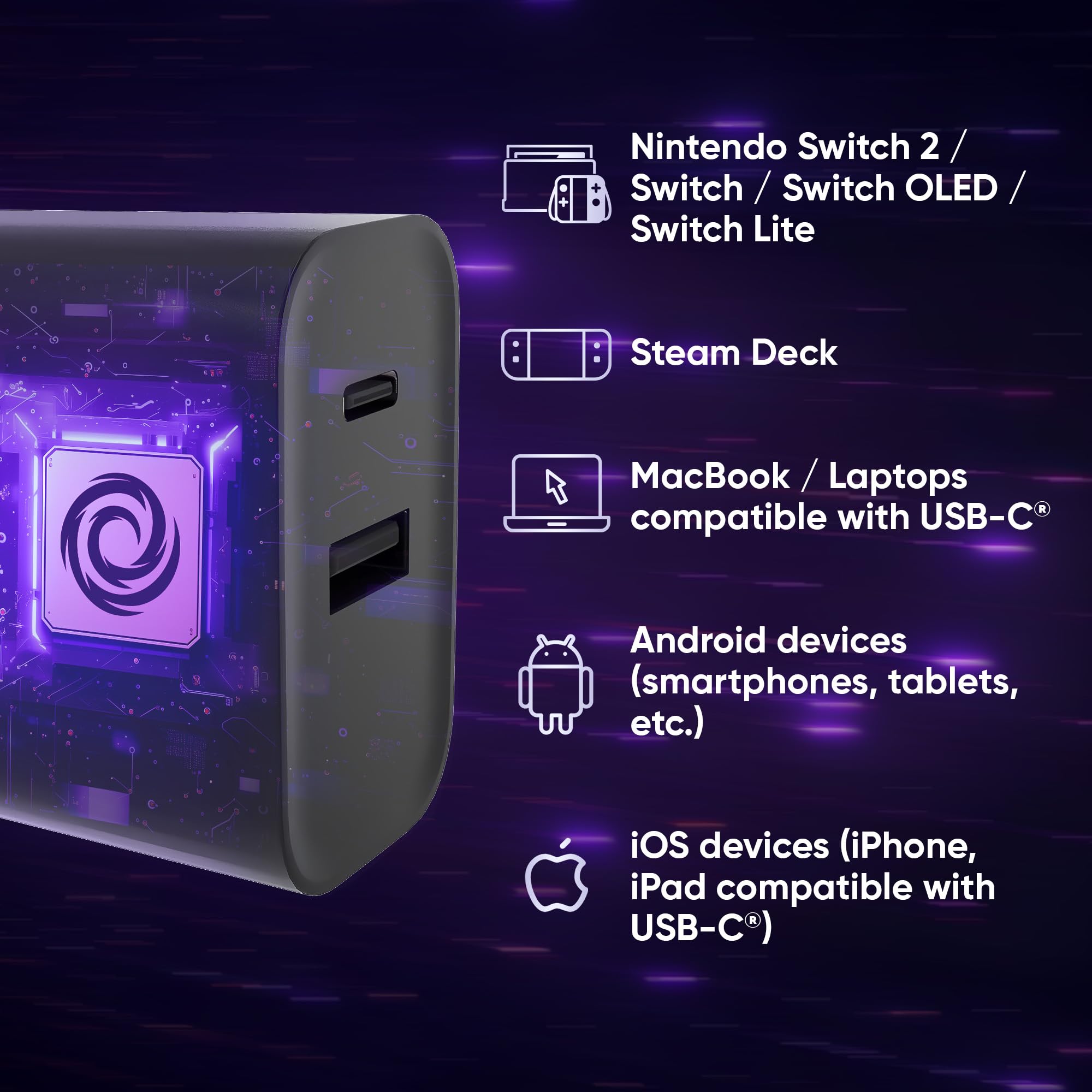 Oniverse adattatore 65W USB-C USB-A Switch ricarica GaN 1,5 m