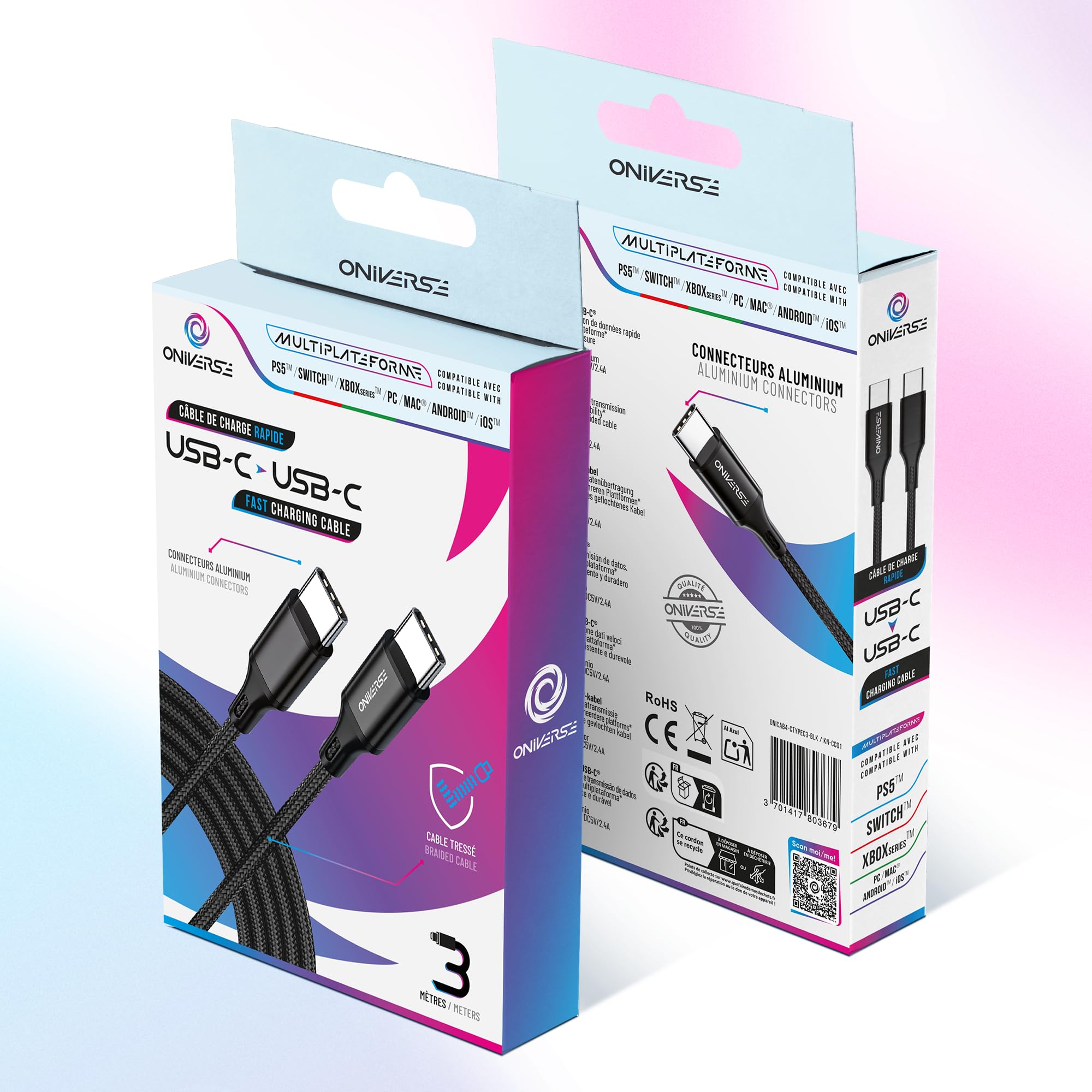 Oniverse cavo USB-C 3 m intrecciato nero ricarica 2,4A PC console
