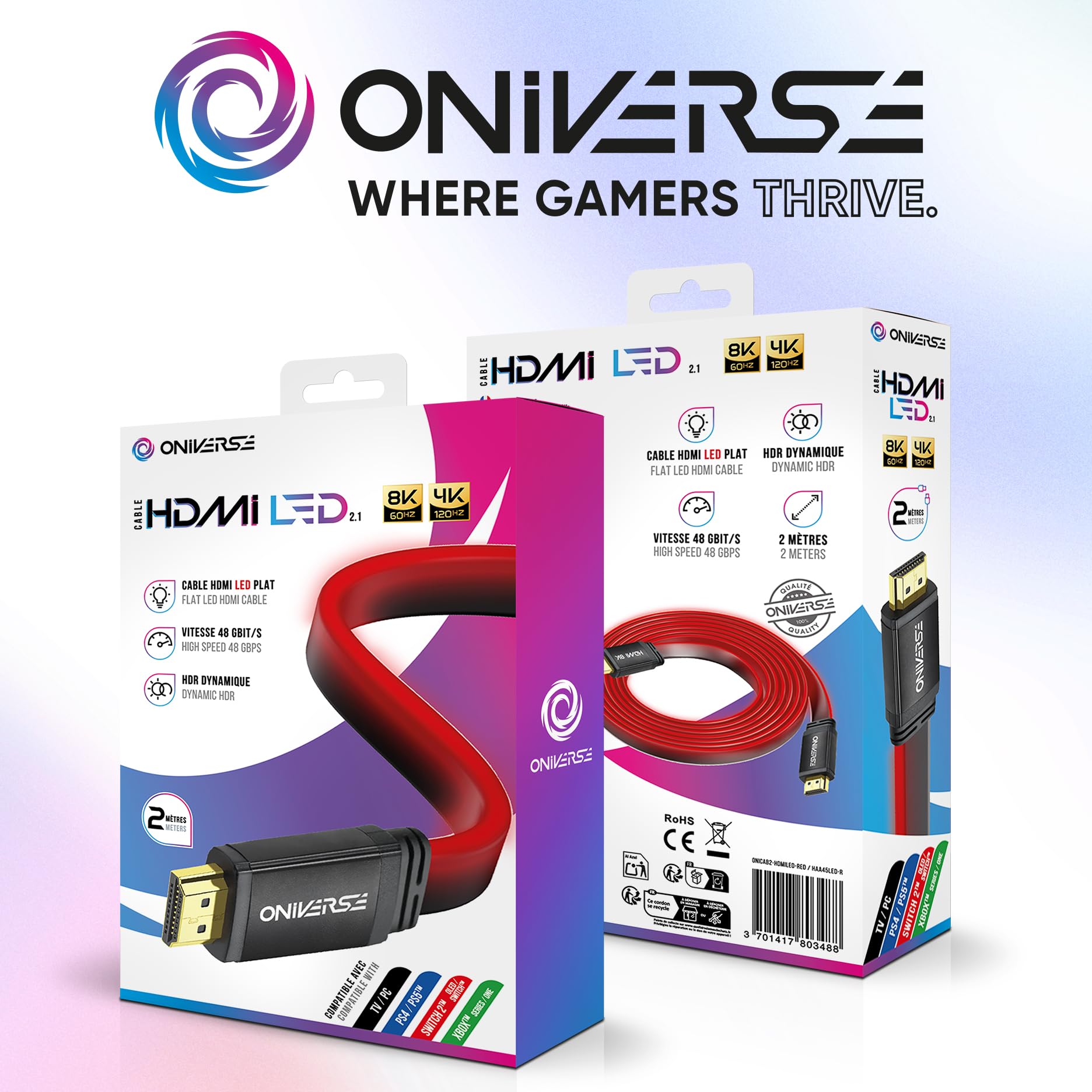 Oniverse Cavo HDMI LED 8K PS5 rosso alta velocità
