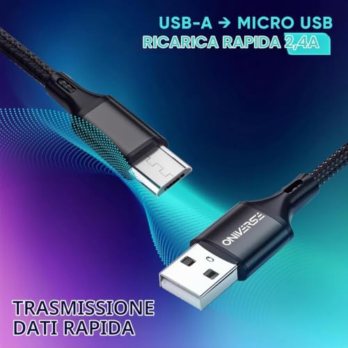 Oniverse Cavo Micro USB Intrecciato Nero 3 Metri 2.4A