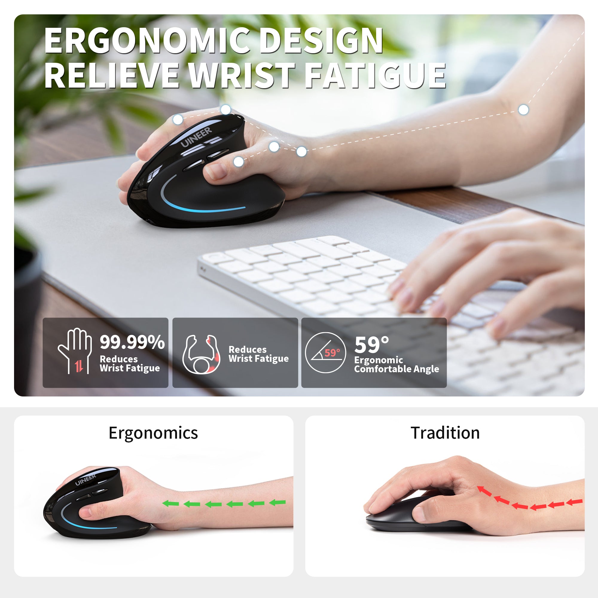 Uineer Tri-mode Mouse Verticale 59° Nero Silenzioso