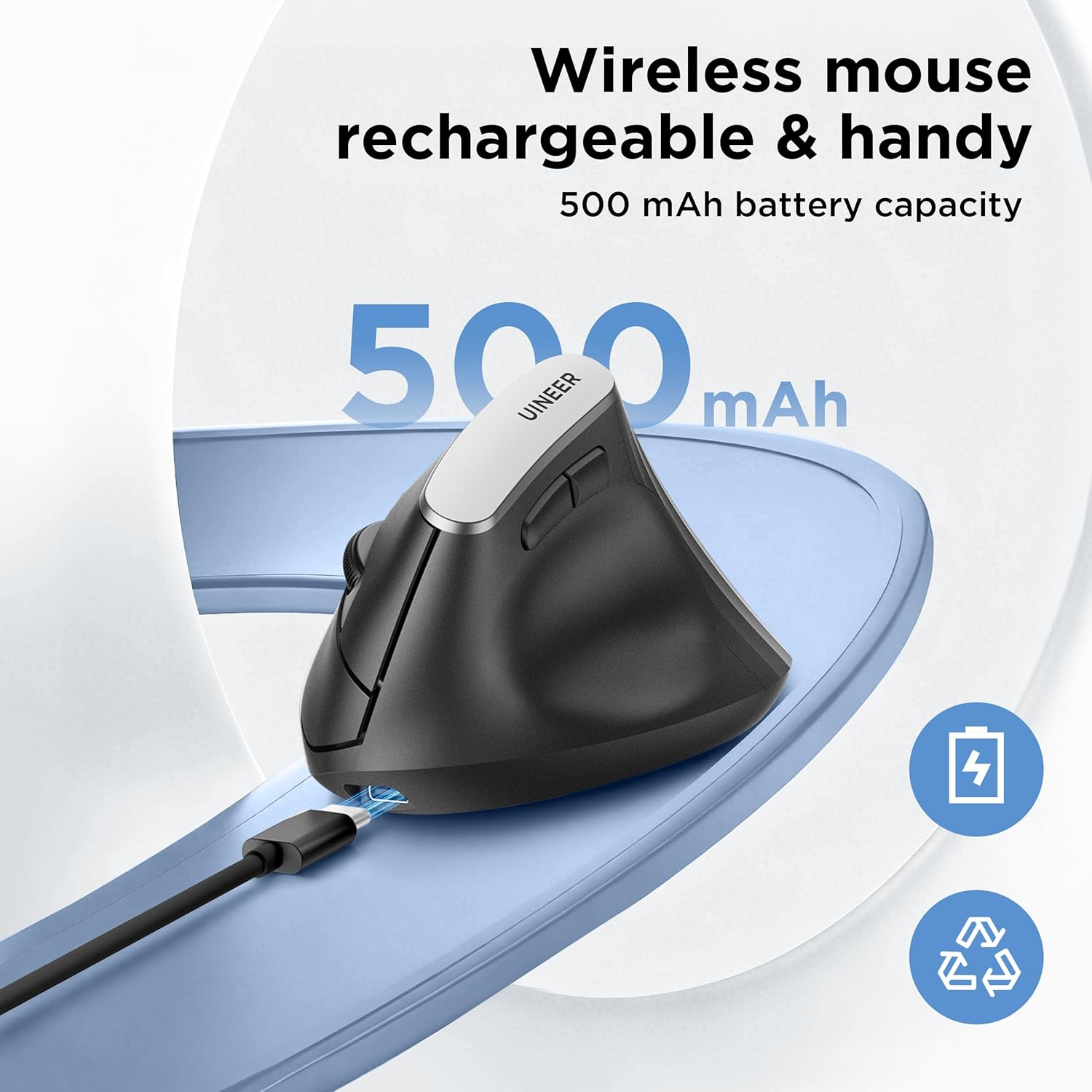 Uineer 2.4G Mouse Verticale Wireless Nero Ricaricabile