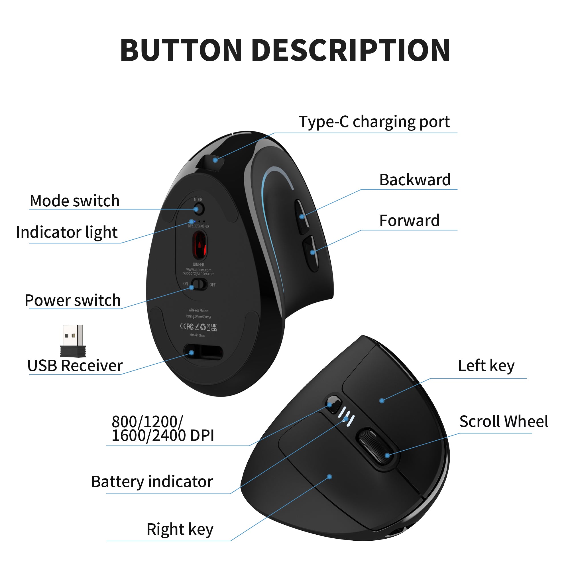 Uineer Tri-mode Mouse Verticale 59° Nero Silenzioso