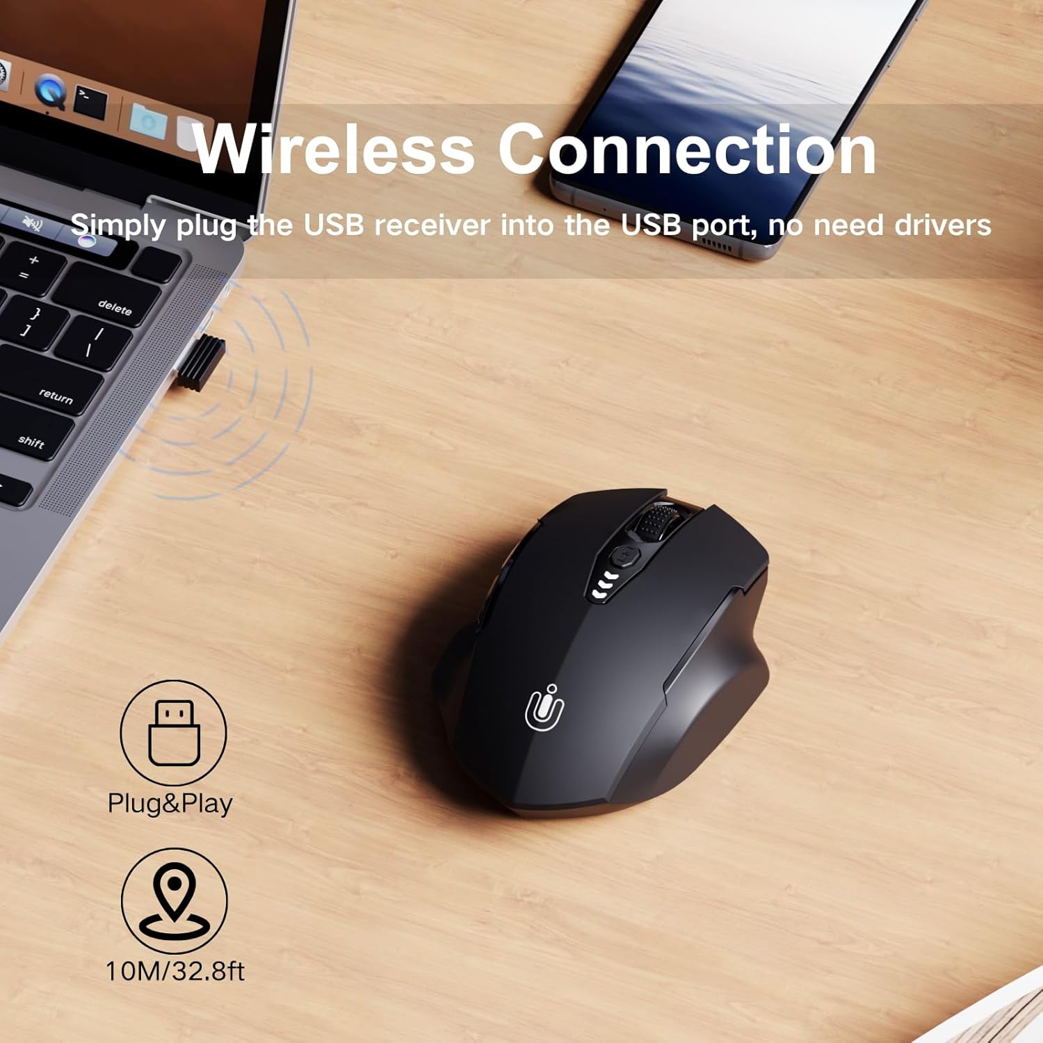 Uineer 2.4G Mouse Wireless Nero Opaco 2400 DPI USB