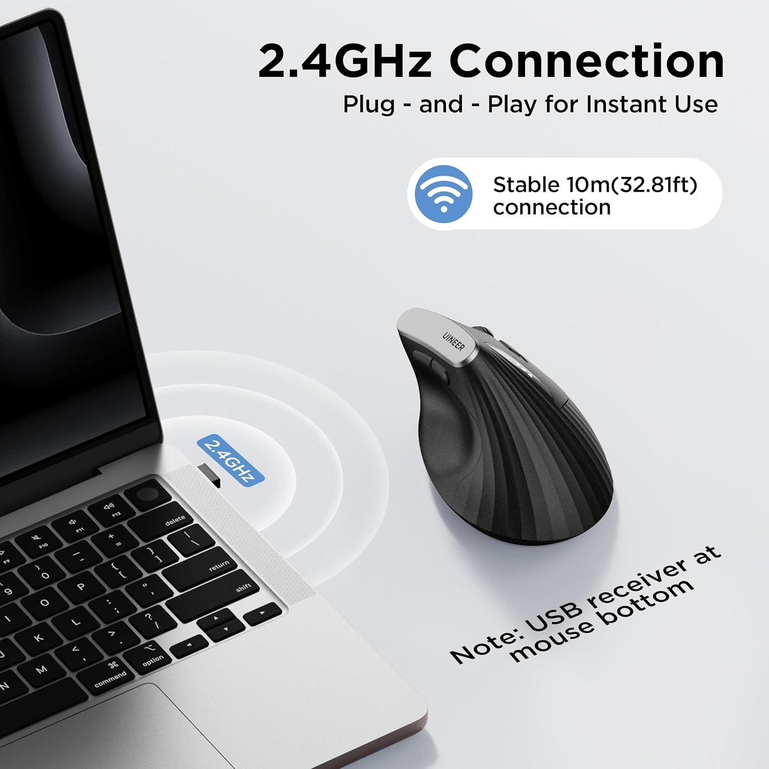 Uineer 2.4G Mouse Verticale Wireless Nero Ricaricabile