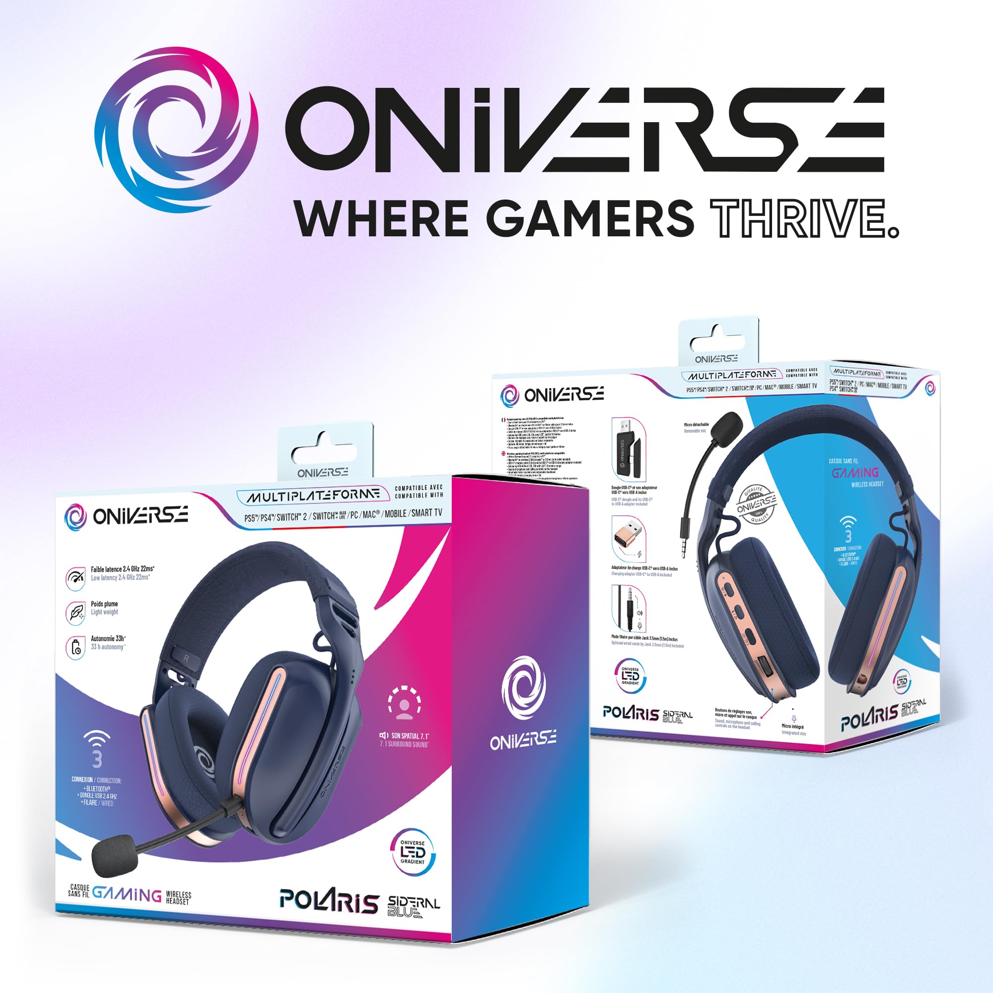 Oniverse Polaris cuffie gaming wireless 7.1 LED 33h