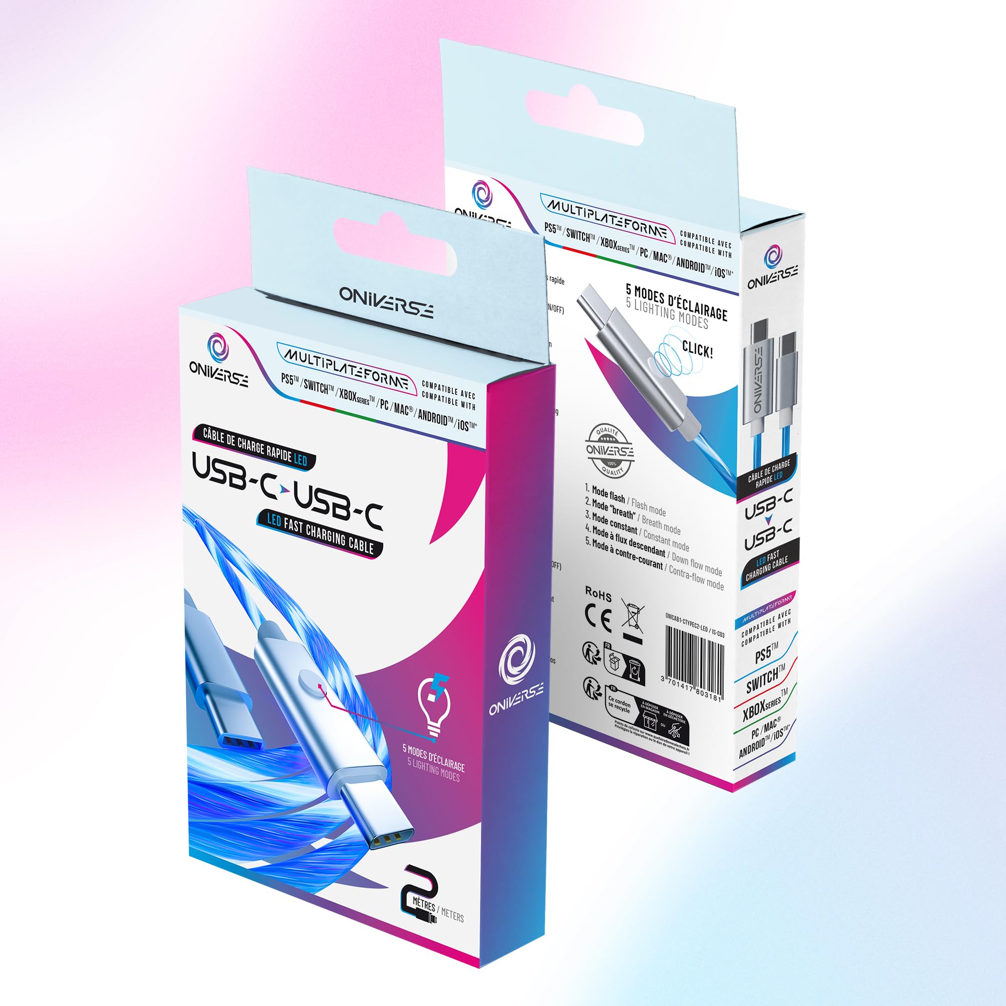 Oniverse Cavo USB-C LED Ricarica Rapida 2m Controller PS5