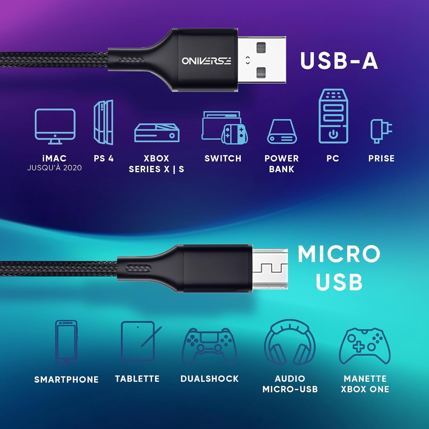Oniverse Cavo Micro USB Intrecciato Nero 3 Metri 2.4A