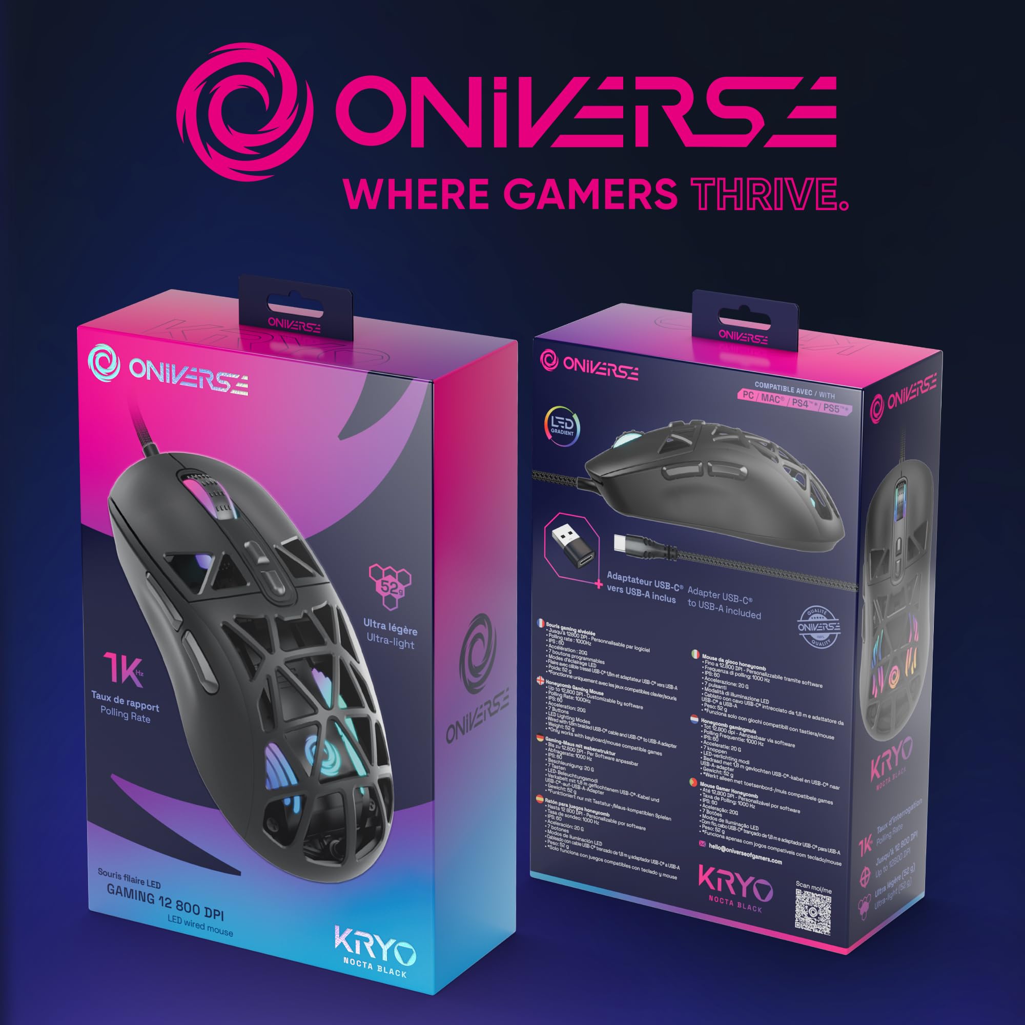 Oniverse Kryo Nocta Black mouse gaming 12800 DPI nero