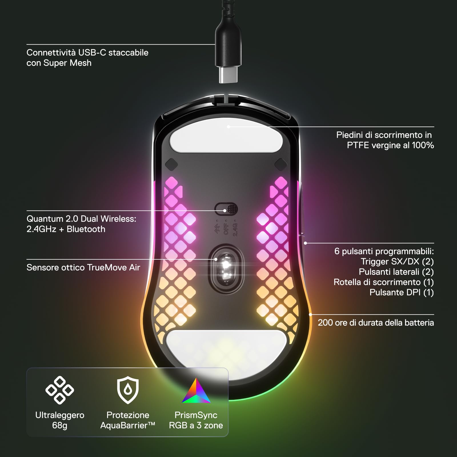 SteelSeries Aerox 3 Wireless Mouse Gaming 68g Onyx Nero