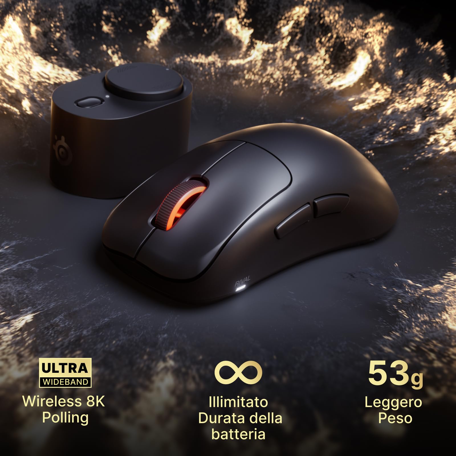 SteelSeries Rival Pro mouse wireless nero 8K UWB ergonomico