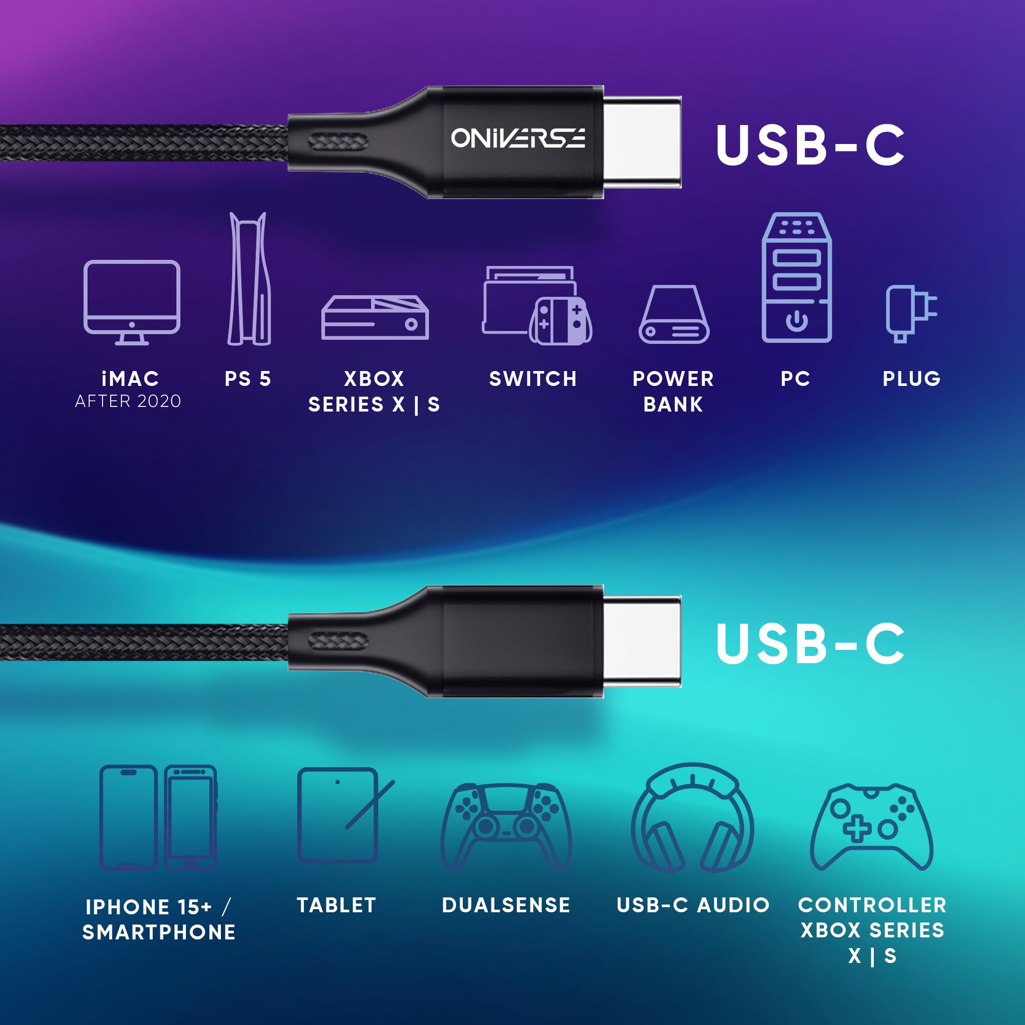 Oniverse cavo USB-C 3 m intrecciato nero ricarica 2,4A PC console