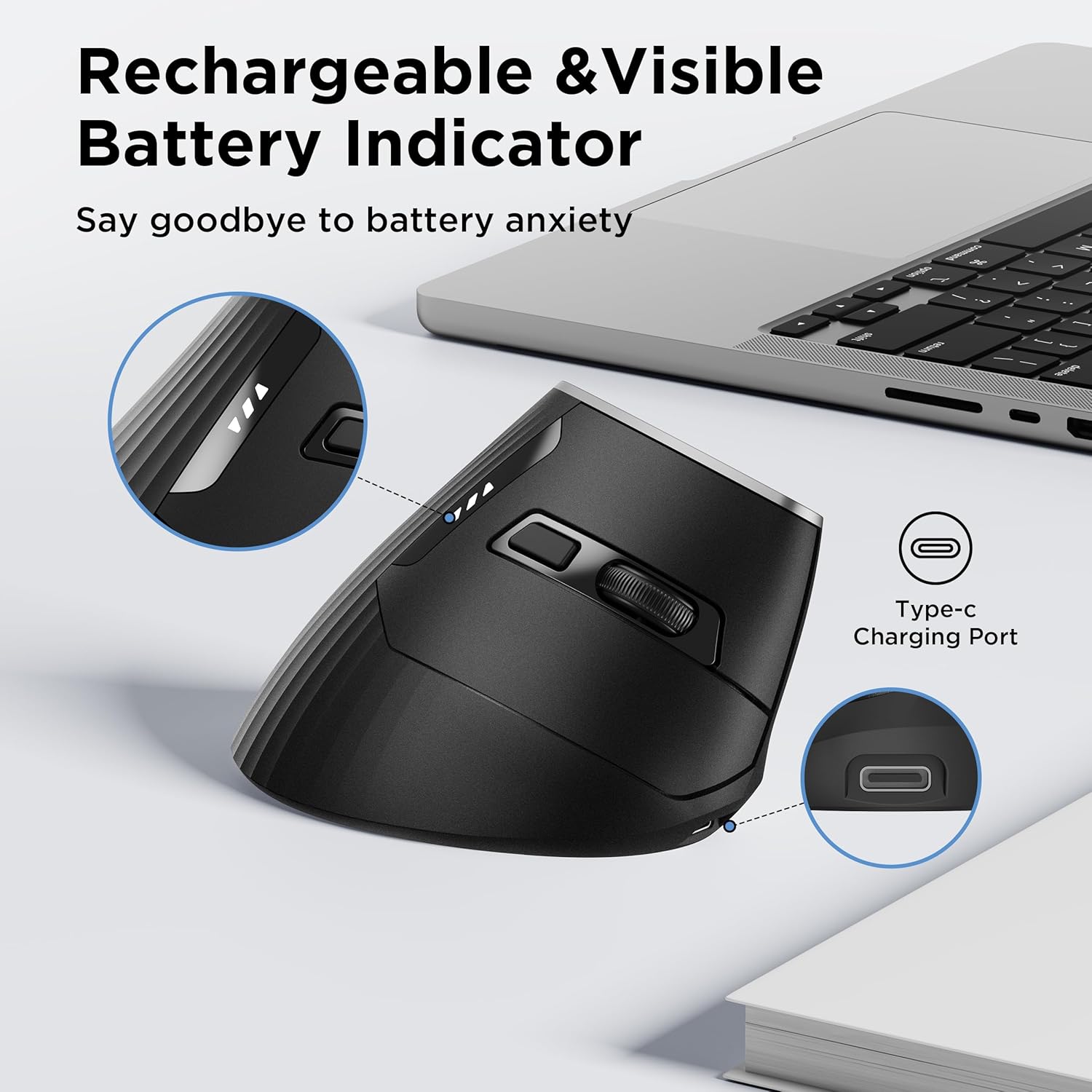 Uineer 2.4G Mouse Verticale Wireless Nero Ricaricabile