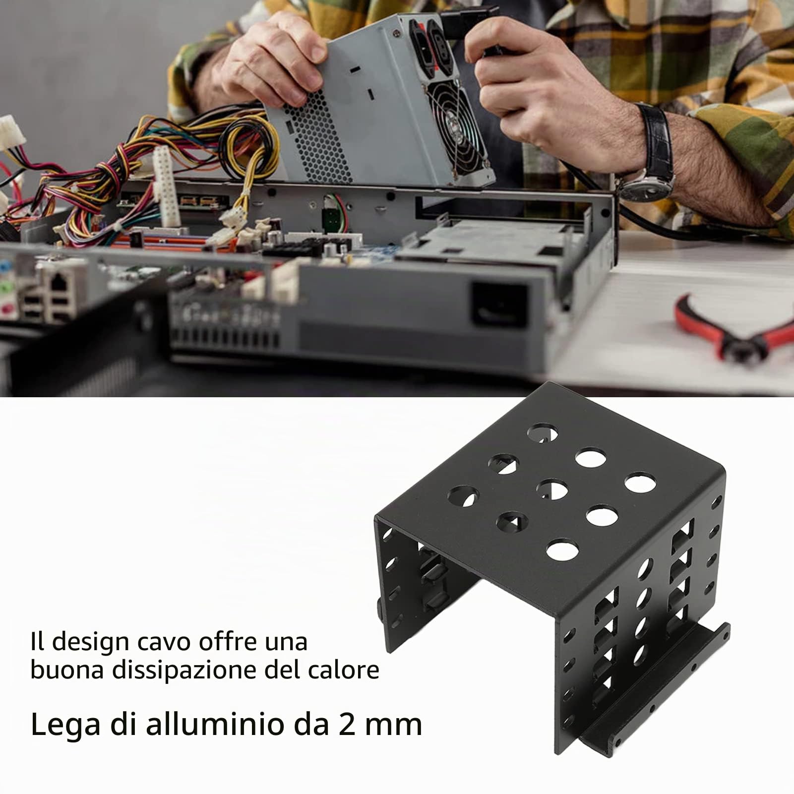 Gowenic Staffa HDD 2,5-3,5 Alluminio Nera Montaggio PC