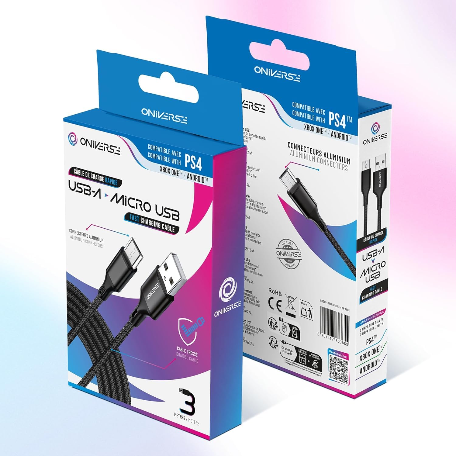 Oniverse Cavo Micro USB Intrecciato Nero 3 Metri 2.4A
