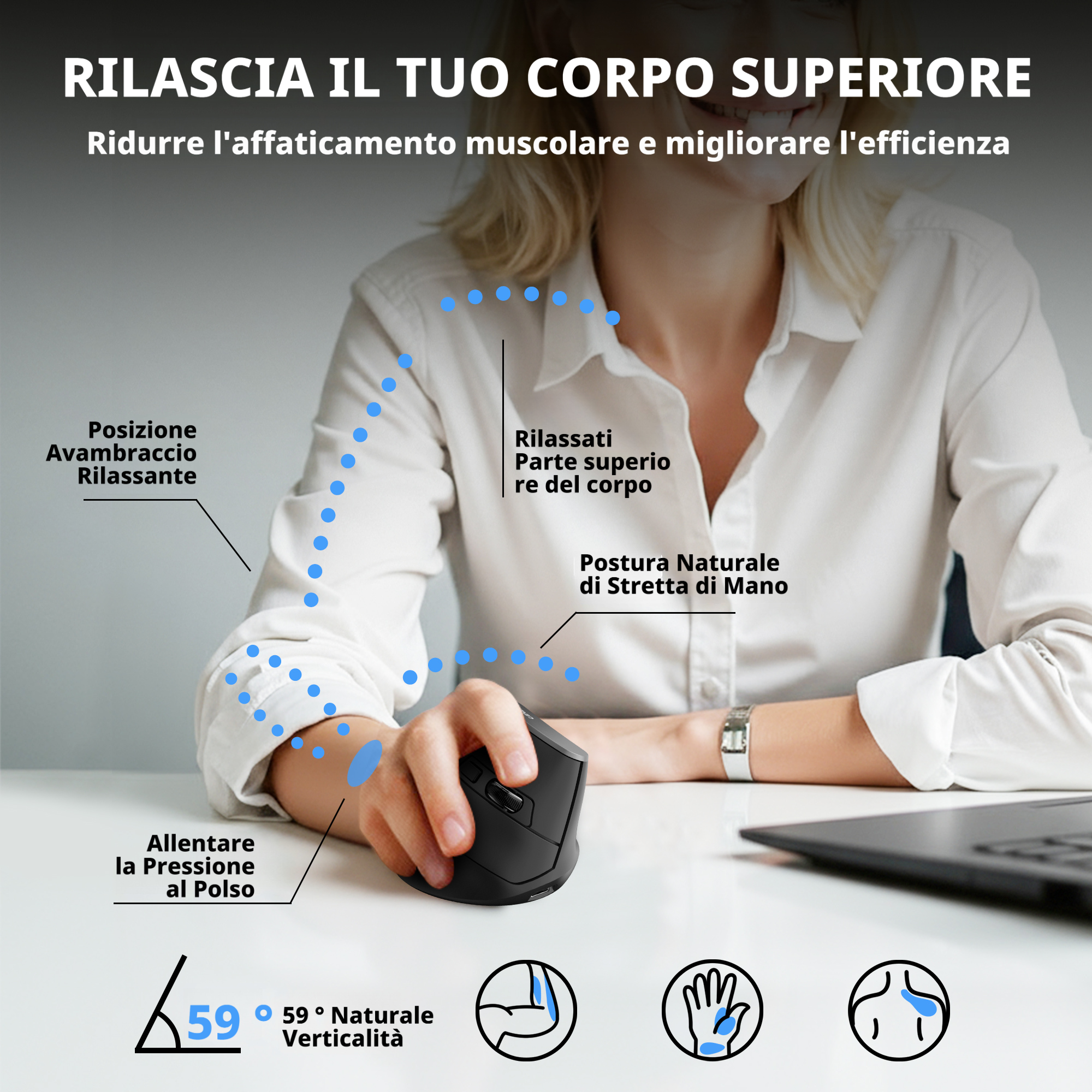 Uineer Tri-Mode Mouse Verticale bluetooth nero ergonomico silenzioso