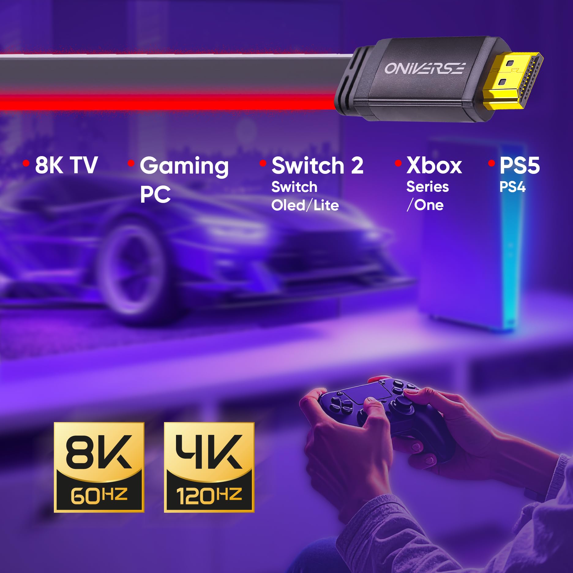 Oniverse Cavo HDMI LED 8K PS5 rosso alta velocità