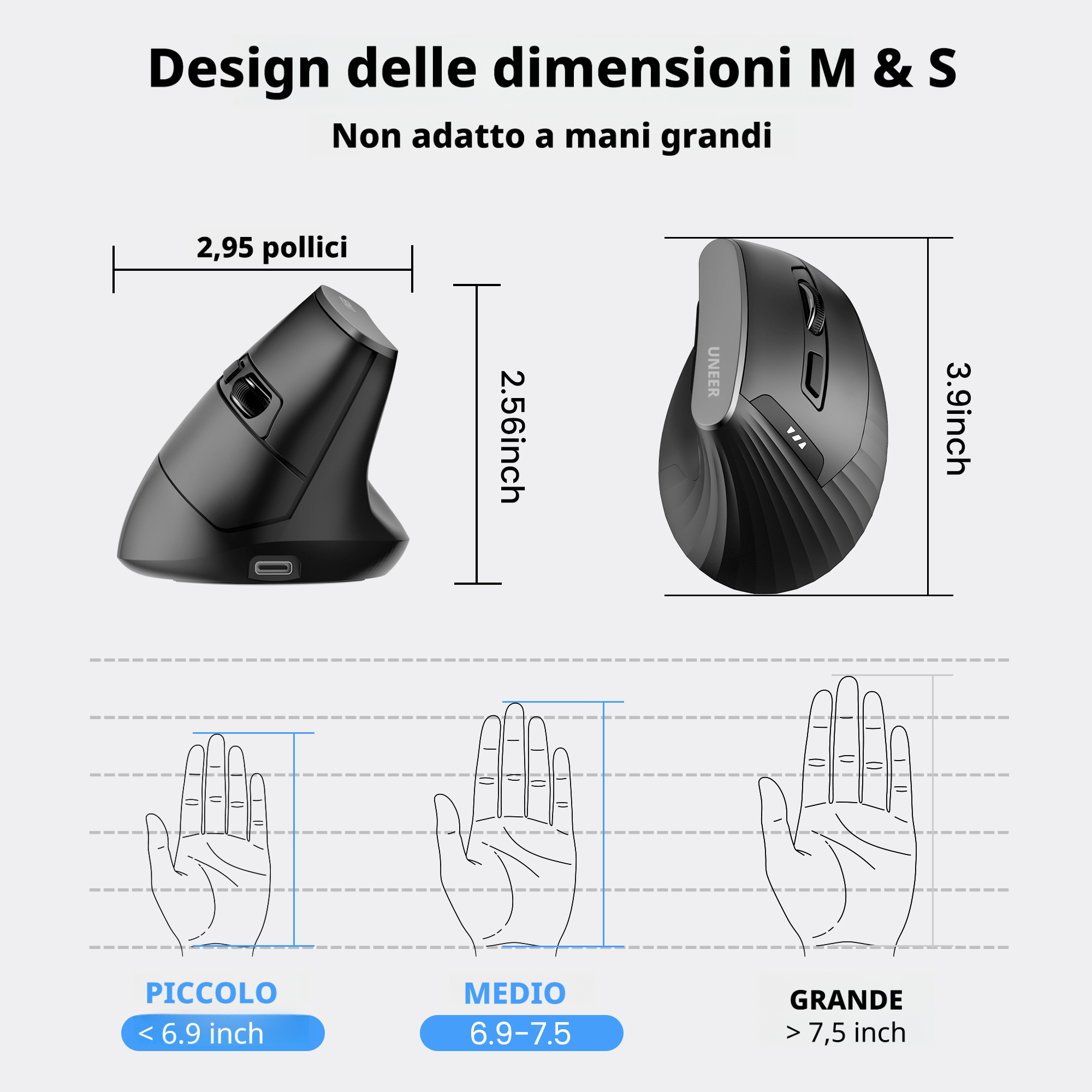 Uineer Tri-Mode Mouse Verticale bluetooth nero ergonomico silenzioso