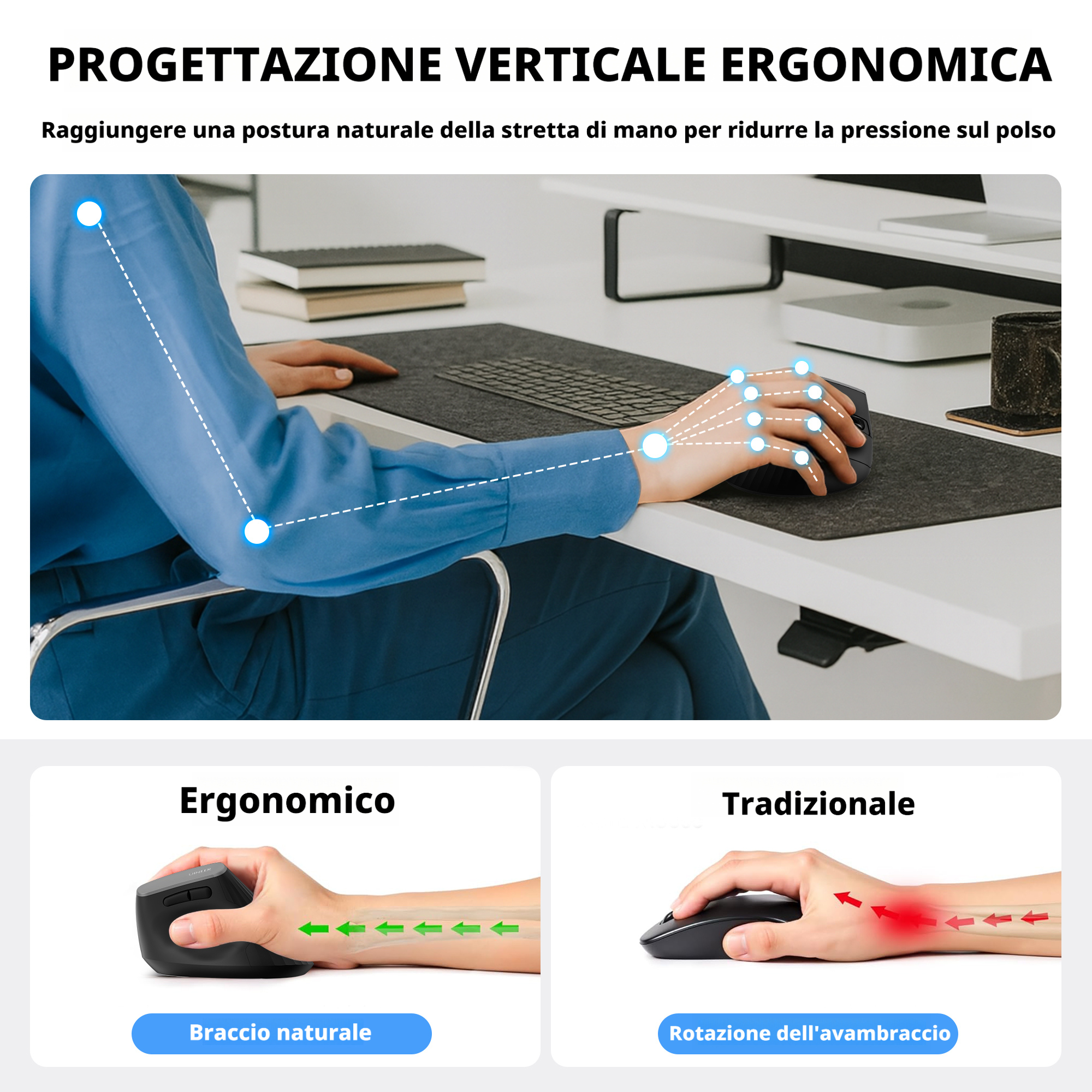 Uineer Tri-Mode Mouse Verticale bluetooth nero ergonomico silenzioso