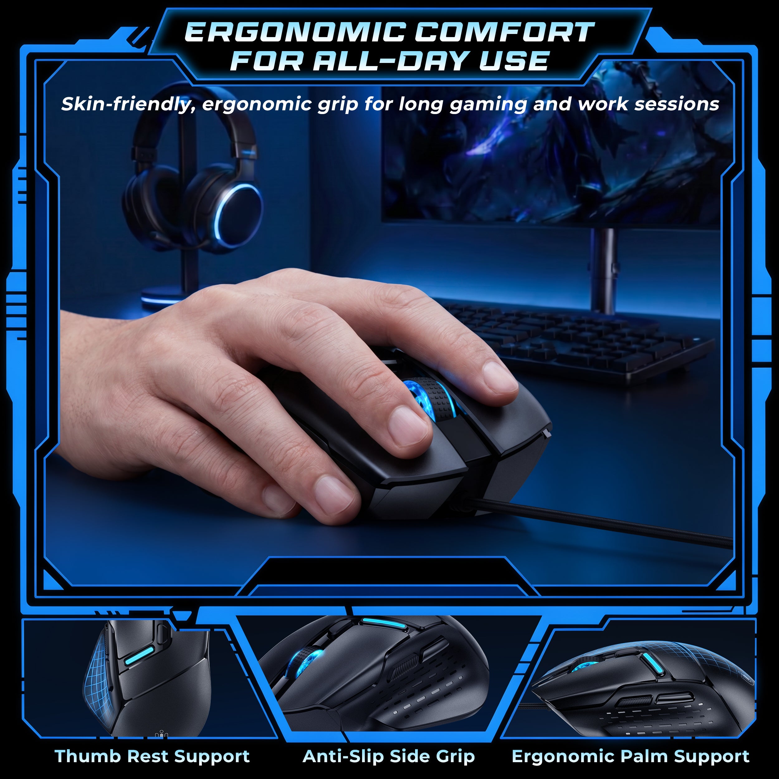 Uineer U7W Mouse Cablato USB Nero 7200DPI 6 Tasti