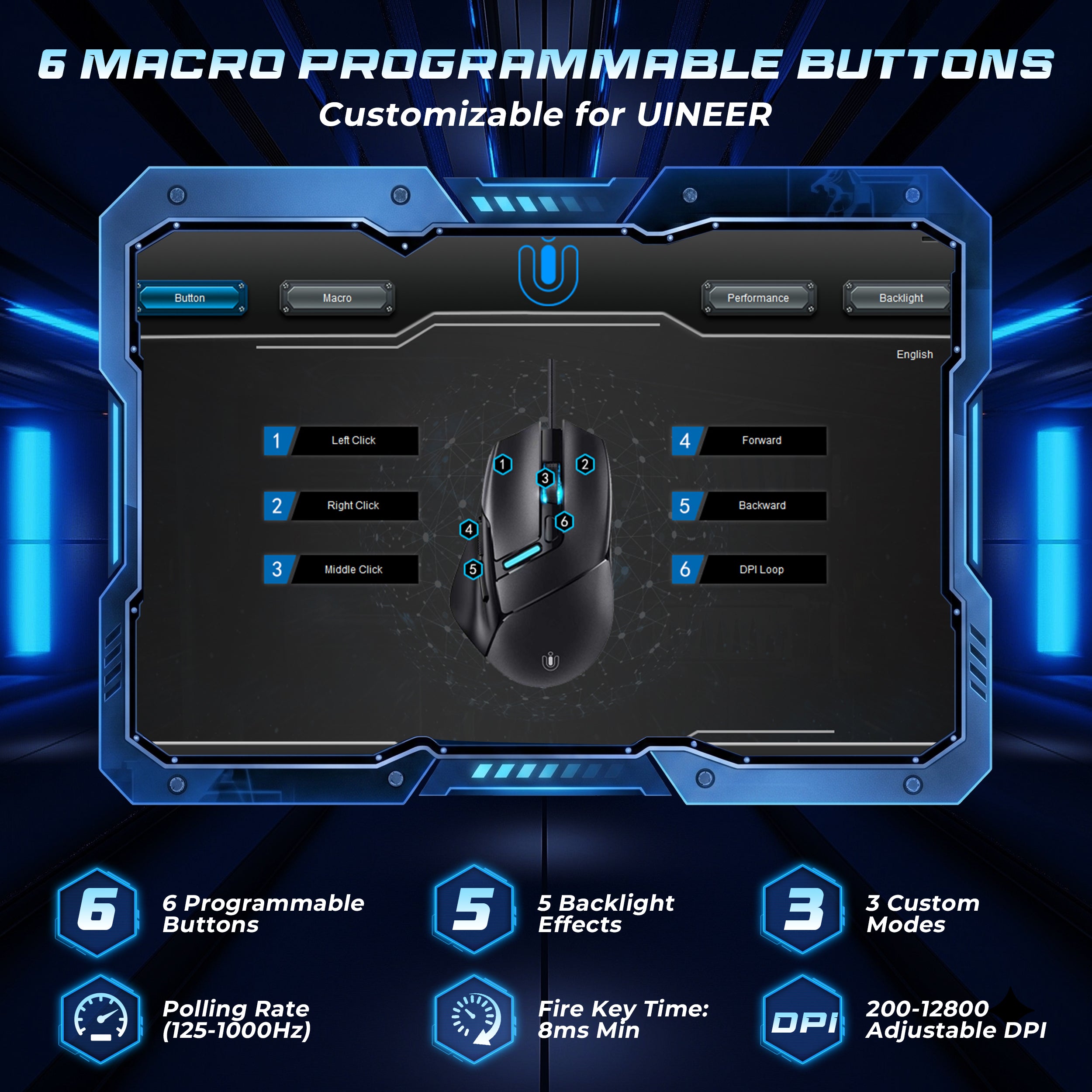 Uineer U7W Mouse Cablato USB Nero 7200DPI 6 Tasti